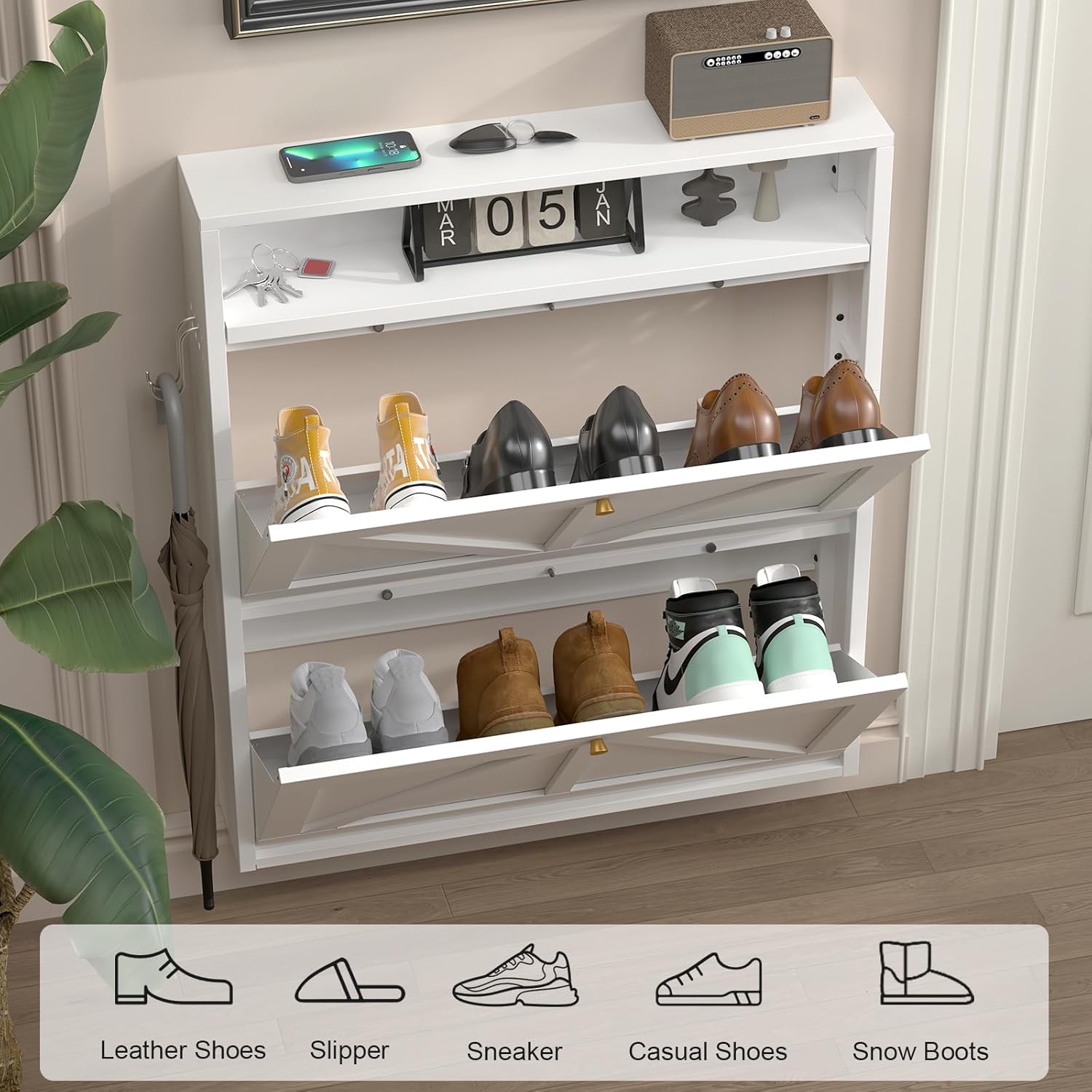 Hidden Shoe Rack, 2 Flip-Down Floating Shoe Storage Cabinet for Entryway, Behind Door Wall Mount Shoe Cabinet with Open Top Shelf & Prgboard, Space-Saving Slim Shoe Storage, Anti-Tip, White