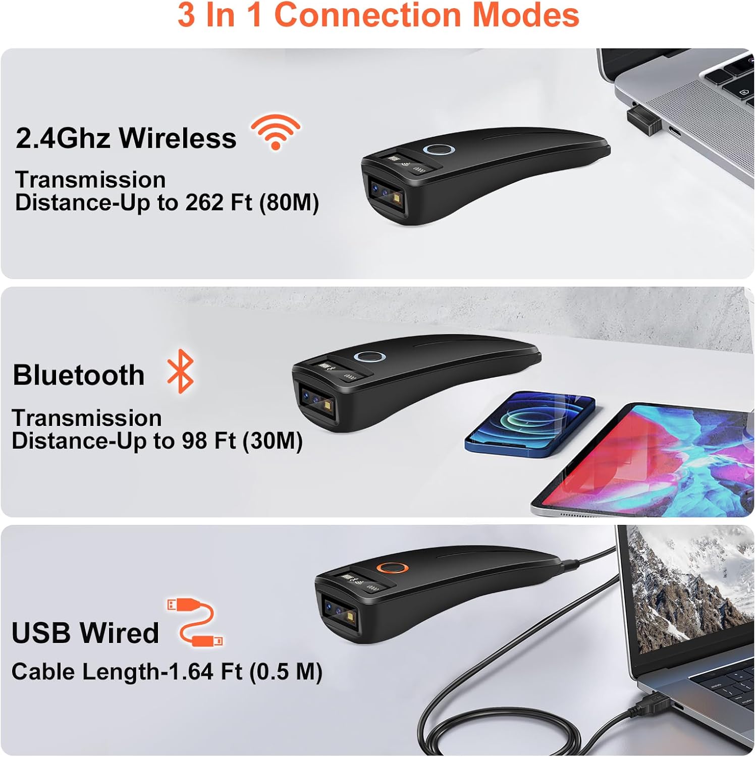 Diagram showing 3 connection modes: 2.4Ghz Wireless, Bluetooth, and USB Wired