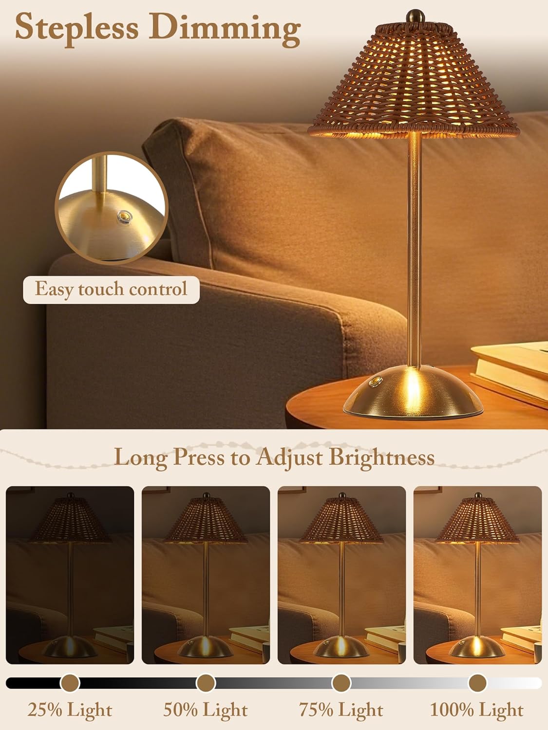Boho Rattan Table Lamp,Wicker Night Light,LED Rechargeable Reading Lights,3 Color Touch Control Dimmable Bedside Lamps Living Room Bedroom Office Lighting Home Outdoor Decoration