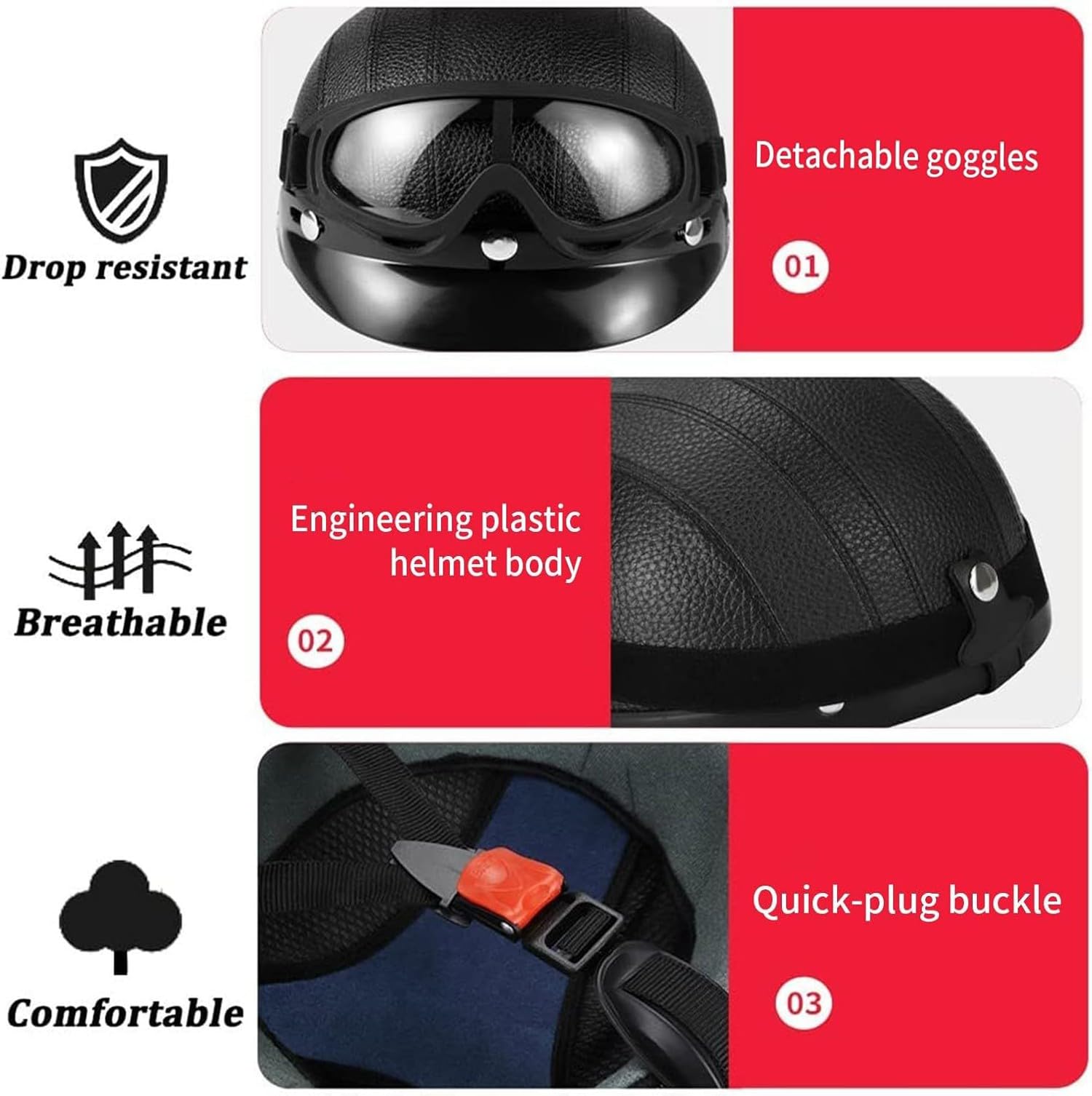 Casco Retrò, Casco Da Motociclista,Casco Jet, Casco Da Motociclista Retrò Leggero Con Occhiali,Certificato ECE,Casco Da Motociclista,Cruiser,Scooter,Mezzo Casco,Uomo E Donna,ABS