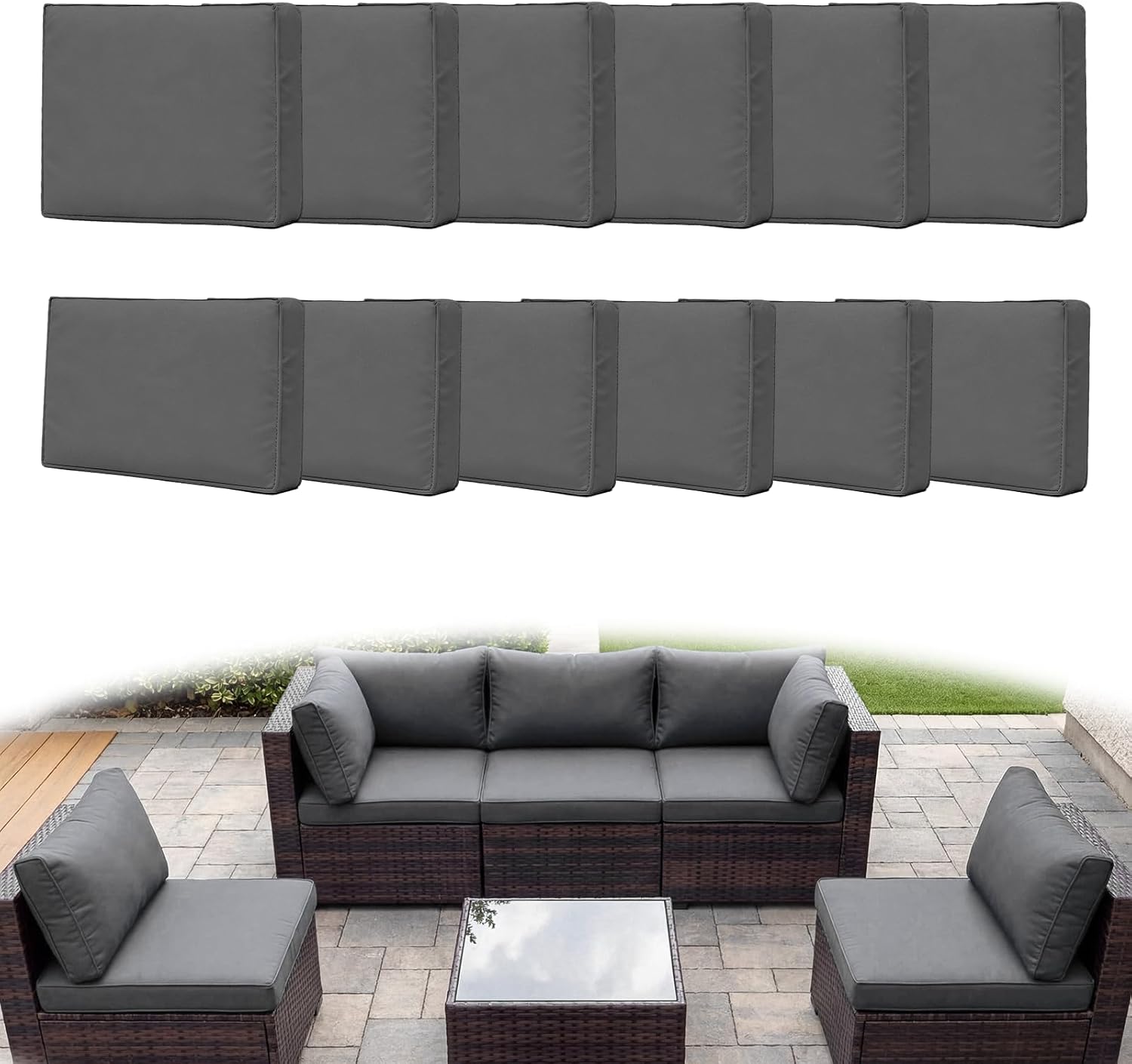 12PCS Patio Cushion Covers, 25.6" Patio Seat Protectors Splash-Proof, Deep Seat, Washable Outdoor Couch Cushion Covers Replacement with Zippers, Slipcovers Sofa Chair(Grey,Cover Only)