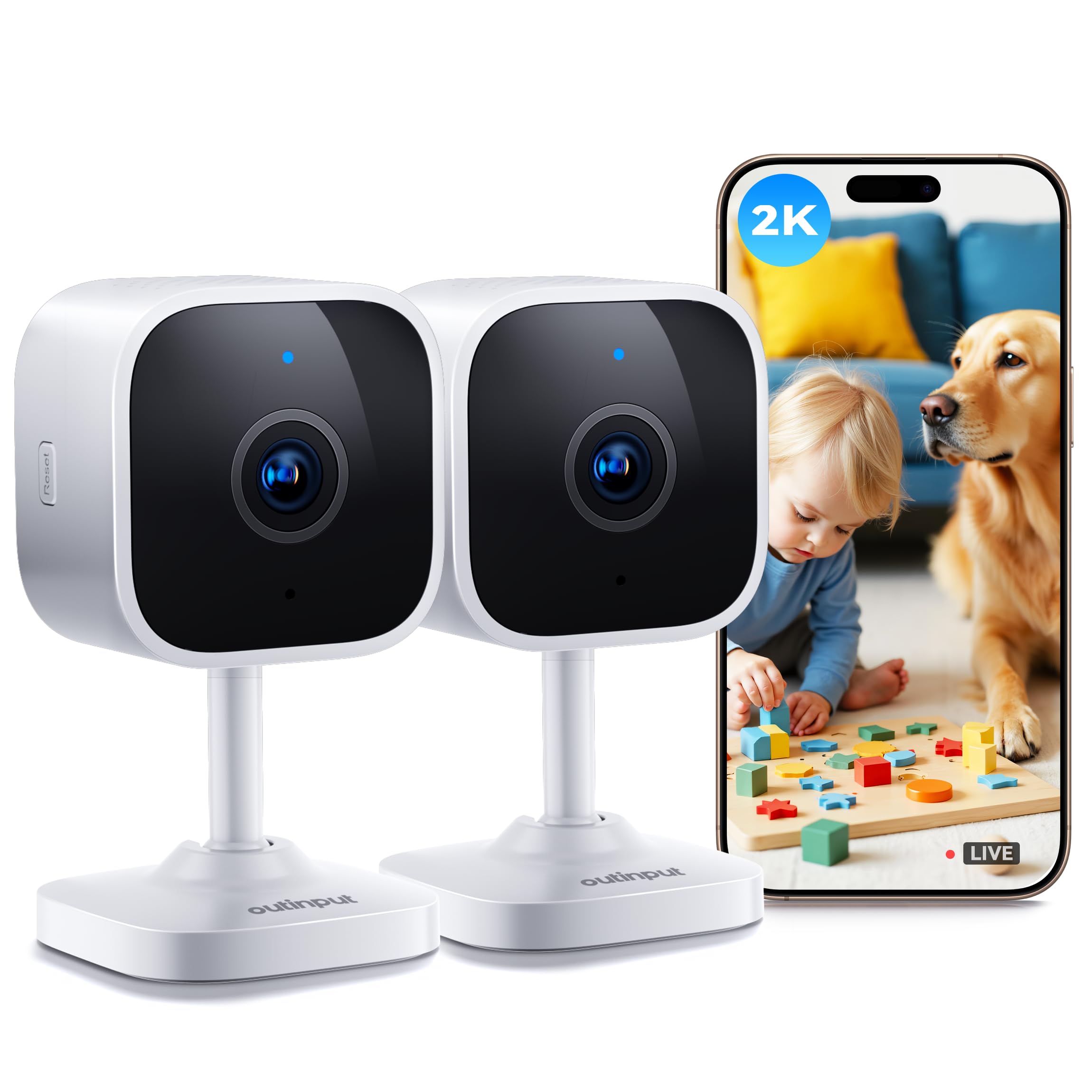 Outinput Telecamera Wi-Fi Interno 2K 3MP, Videocamera Sorveglianza, Baby Monitor, Visione Notturna, Rilevamento di Movimento e Notifiche, Audio Bi-direzionale, Cloud o Archiviazione Locale(Contiene 2)