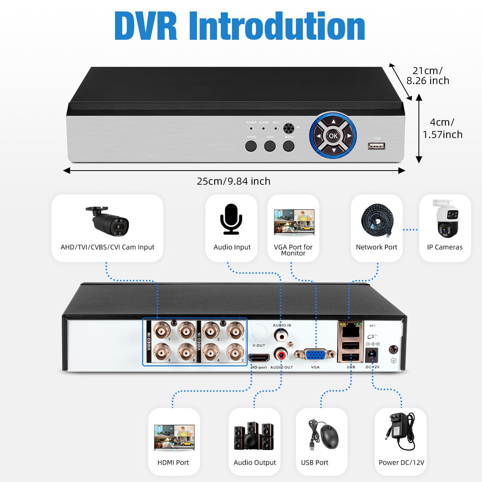 Registratore DVR di sicurezza a 8 canali con HDD da 2 TB, rilevamento umano/veicolo, H.265+ ibrido 5 in 1 DVR di sorveglianza cablato per telecamere CCTV HD-TVI/CVI/CVBS/AHD/IPC 1080P 5MP