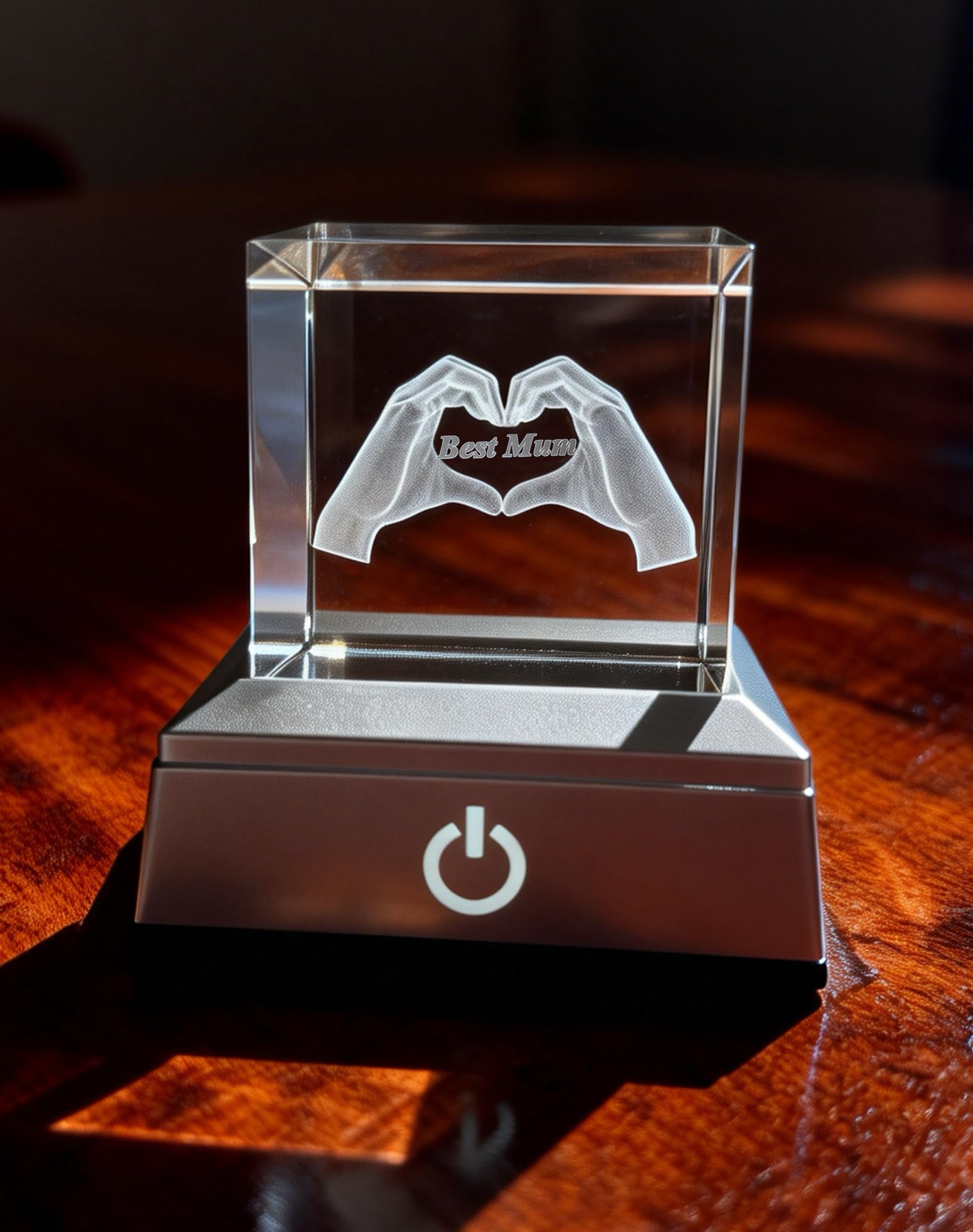 Cadeau gravé en cristal 3D avec socle lumineux pour maman