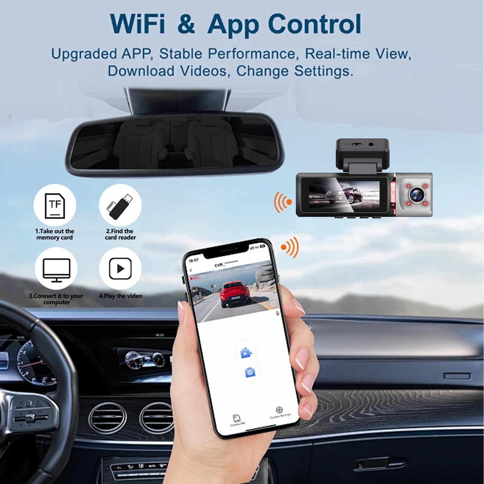 ChannelsTriple Dash Cam 3 in 1 | Fotocamera frontale 4K, 1080p interna e posteriore 1080p | con telecamera da cruscotto Wi-Fi | sorveglianza parcheggio | registrazione in loop | Scheda da 64 GB