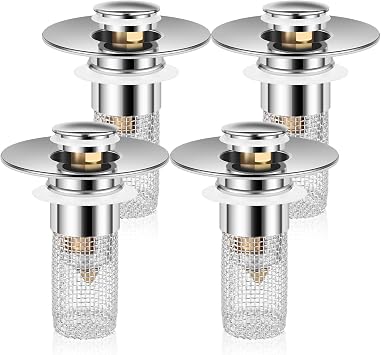 4Pcs Pop Up Sink Drain Strainer 304 Stainless Steel Bathroom Sink Plug Strainer with Filter Basket Brass Core Drain Stopper Clogging Basin Filter for 0.94-1.4 Inch HoleSilver