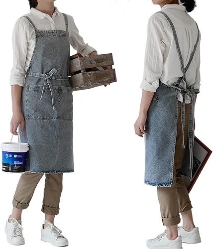 NEWGEM Delantal de mezclilla de algodón con bolsillos para mujer, cocina, cocina, jardinería, pintura
