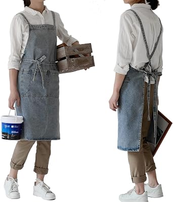 NEWGEM Cotton Denim Apron with Pockets for Women Chef Kitchen Cooking Gardening Painting