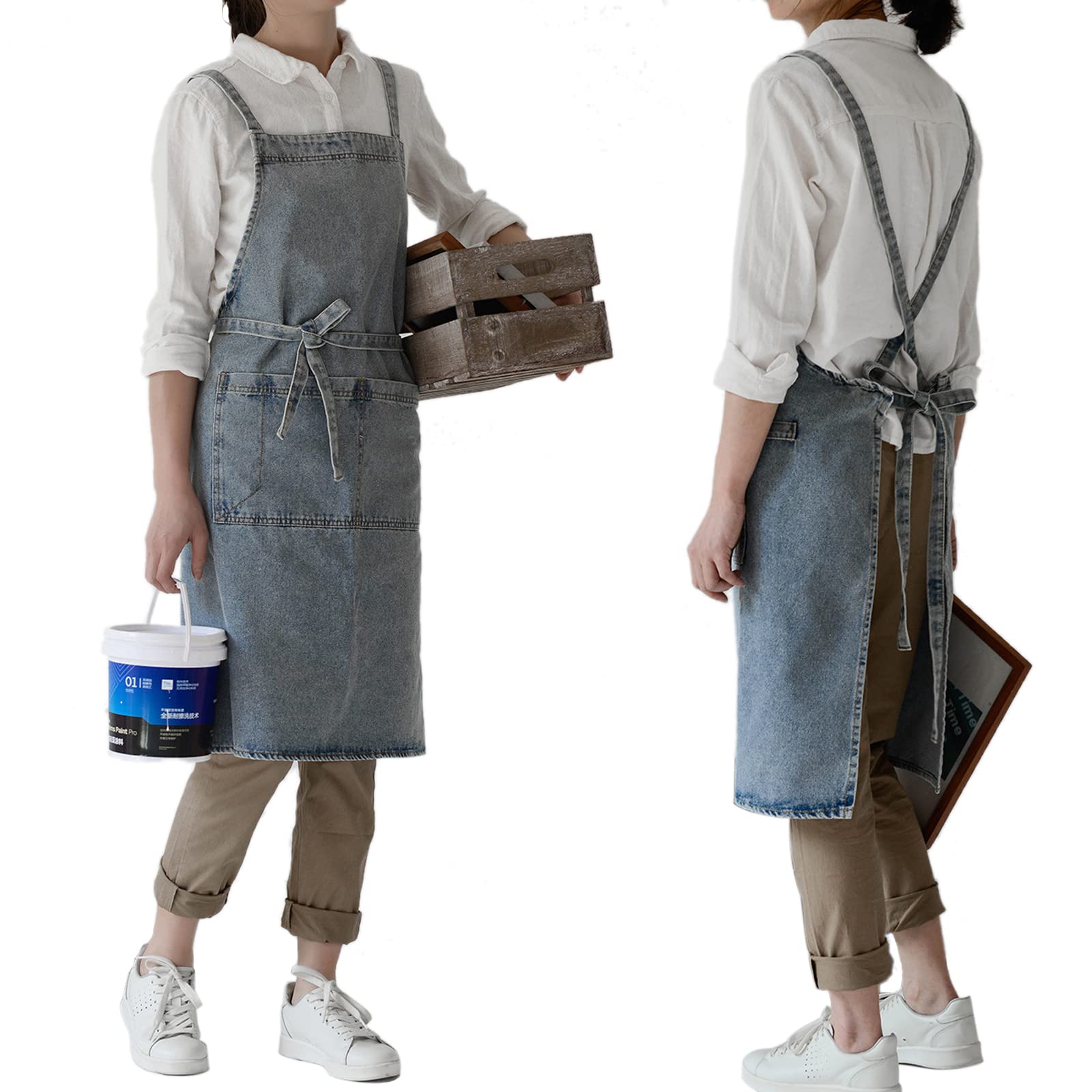NEWGEM Delantal de mezclilla de algodón con bolsillos para mujer, chef, cocina, jardinería, pintura