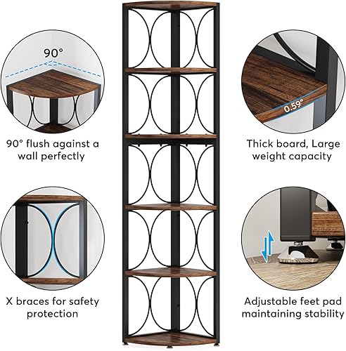 Miniatura 7 de Tribesigns Estantería esquinera de 67 pulgadas de alto, estantería de esquina rústica de 6 niveles, estantería de almacenamiento para sala de estar,