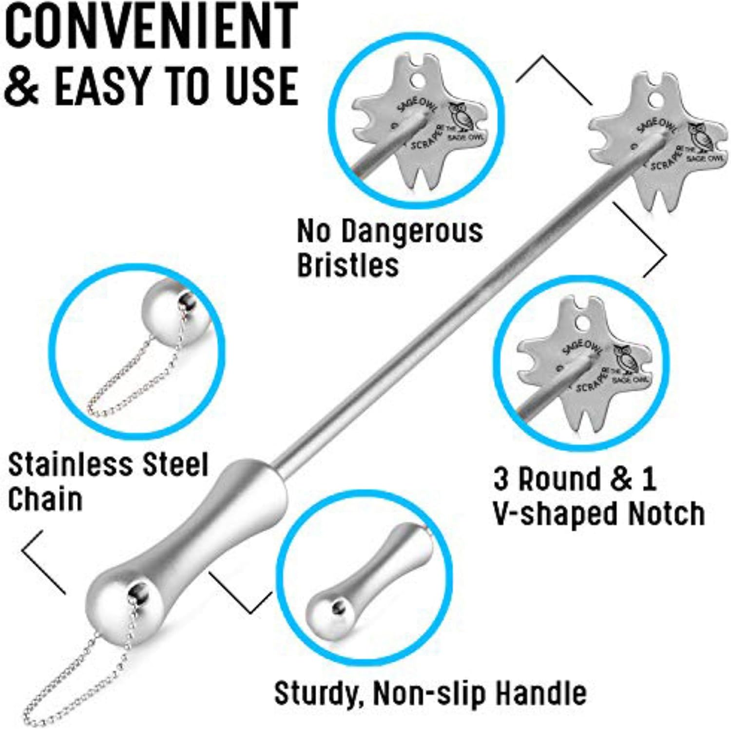 Sage Owl Stainless Steel BBQ Grill Scraper, Bristle-Free, 3-in-1, Silver, 17.5” Handle – Safe Grill Cleaner for Outdoor Grills, Includes Round and V-Shaped Grooves – Grilling Accessories for Men