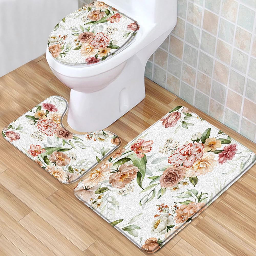 Yadshoti 3pcs/Set Spring Flower Bath Rugs Watercolor Peony Floral Green Leaves Plant Pattern Print Low Pile Memory Foam Bathroom Decor Rug U Shape Mat Toilet Lid Cover 15.7 x 23.6 Inch