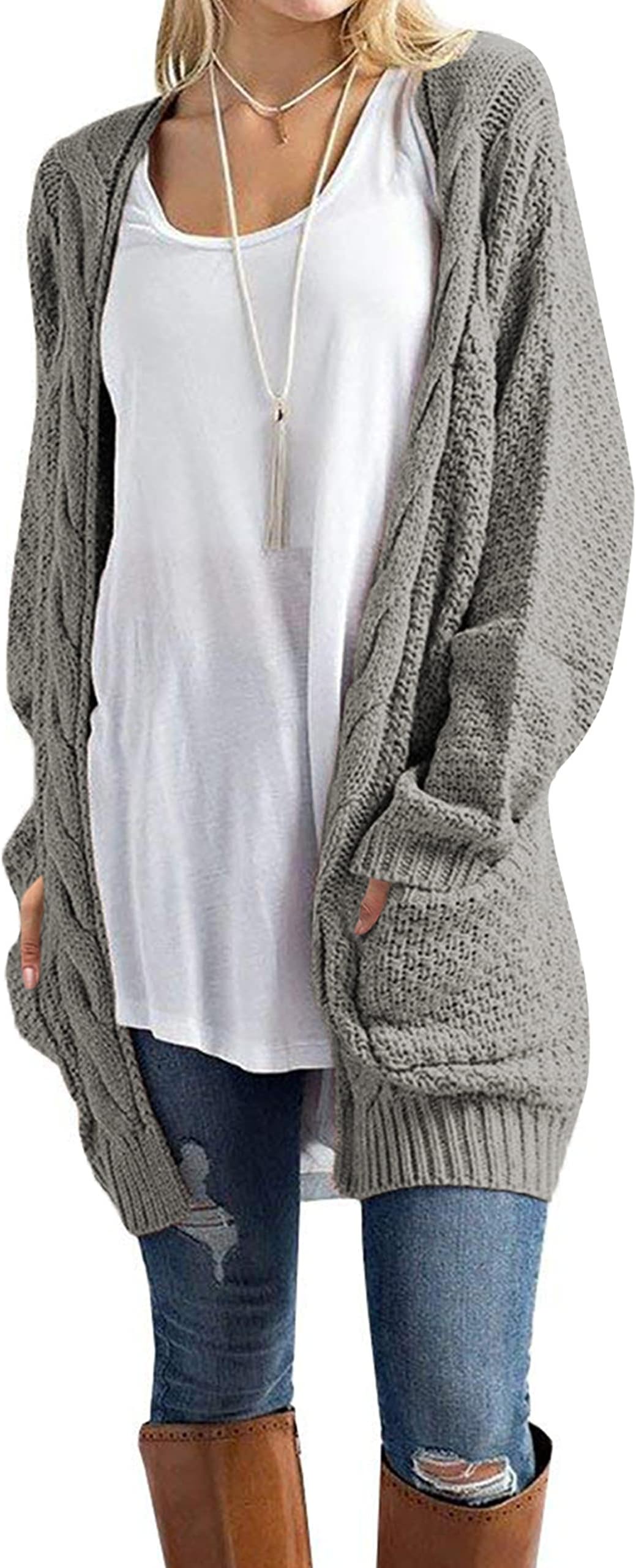 Traleubie Women's Open Front Long Sleeve Boho Boyfriend Knit Chunky Cardigan Sweater