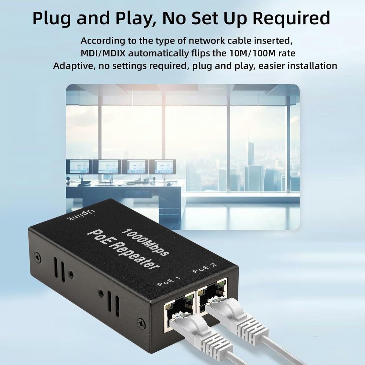 2 Port PoE Extenseur Gigabit, 1 PoE in 2 PoE Out Extender, IEEE 802.3af/at Compatibles 1000 Mbps, Wall Mount Waterproof Extension Supplémentaire de 100 m pour Caméras PoE Plug and Play