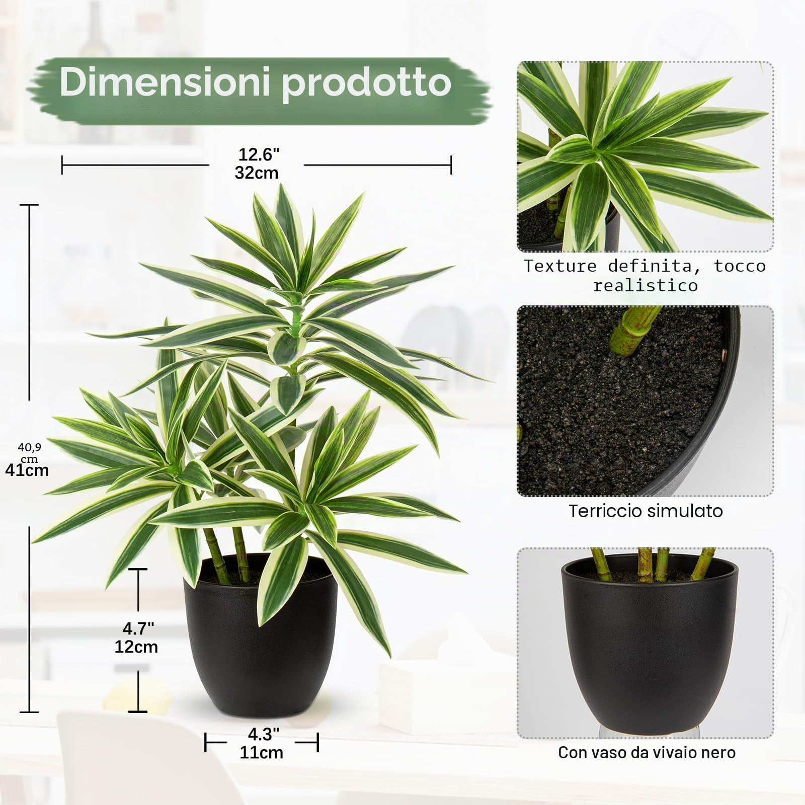 Oairse Piante finte da 41 cm in vasi neri, pianta artificiale di dracaena decorativa piante in vaso finte realistiche piante da interno per casa, bagno, soggiorno, cucina, mensola, decorazione da