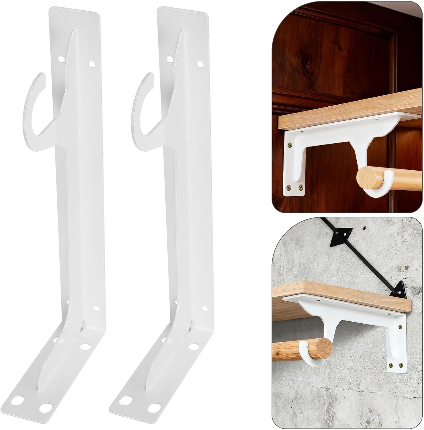 Closet Rod Support Brackets 15.2 Inch 2pcs for Stable Support Heavy Duty with Hooks White Cold-Rolled Steel Wall Mounted Shelf Holders and Space Optimization in Bathroom