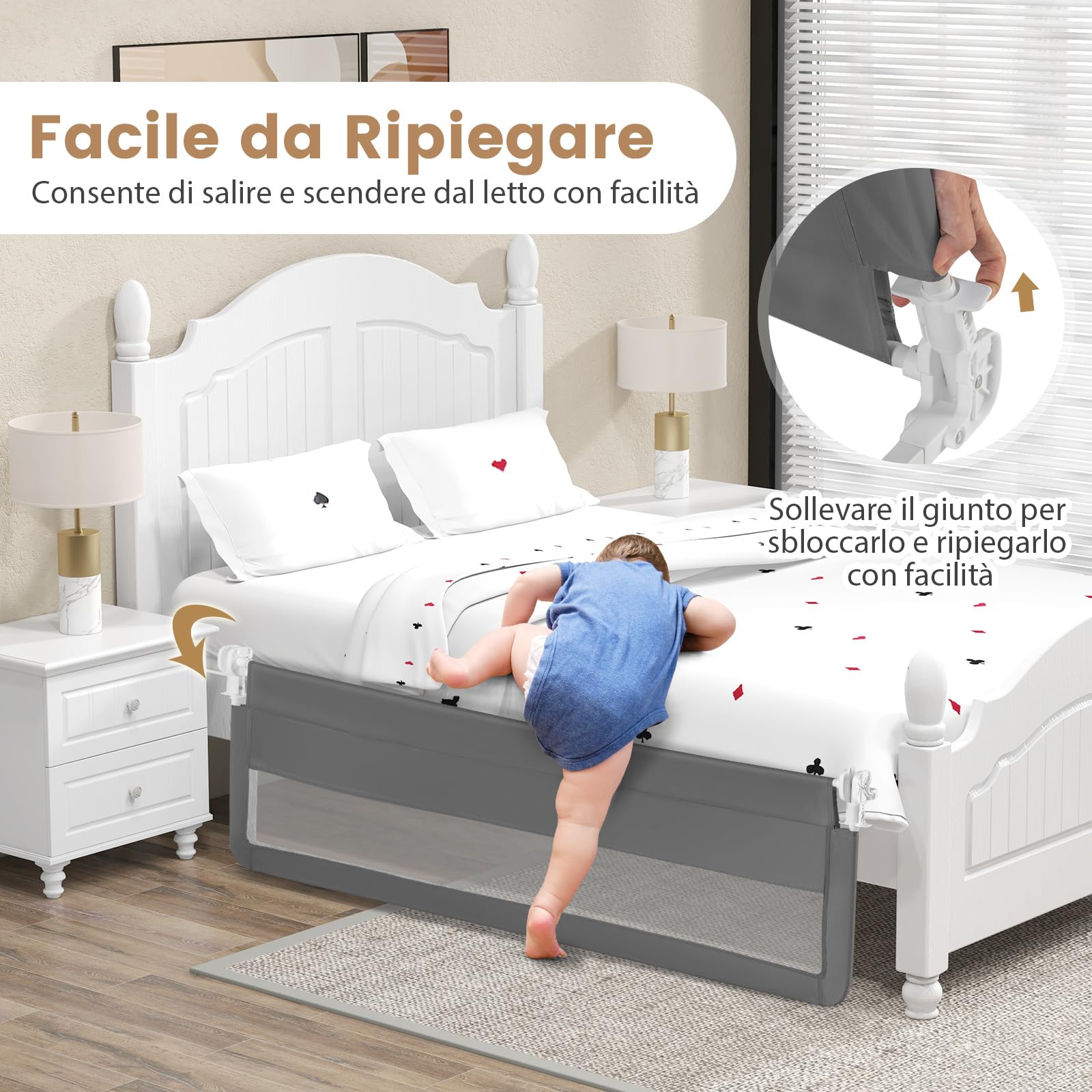 Sponda Letto Pieghevole Per Bambini RELAX4LIFE 180x41x55 Cm – Barriera Di Sicurezza In Tessuto Oxford Con Rete Traspirante, Adatta A Letti Singoli E Matrimoniali, Grigio