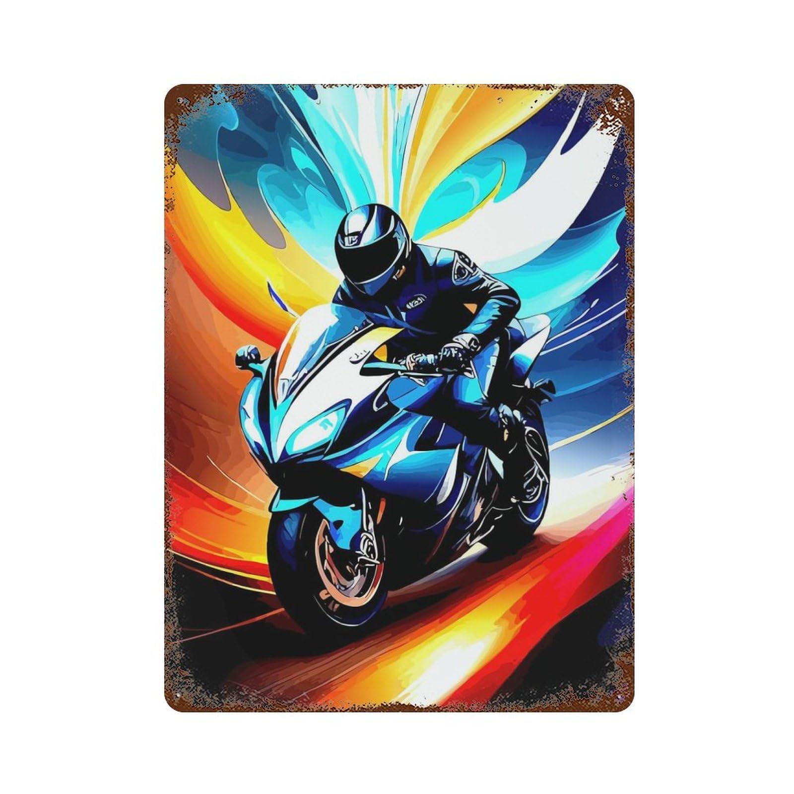 Weathered Tin Sign with Motorcycle Rider in Motion Design 15.7"x11.8", for Basement, Hobby Room And Garage Decor, Industrial Home Decor