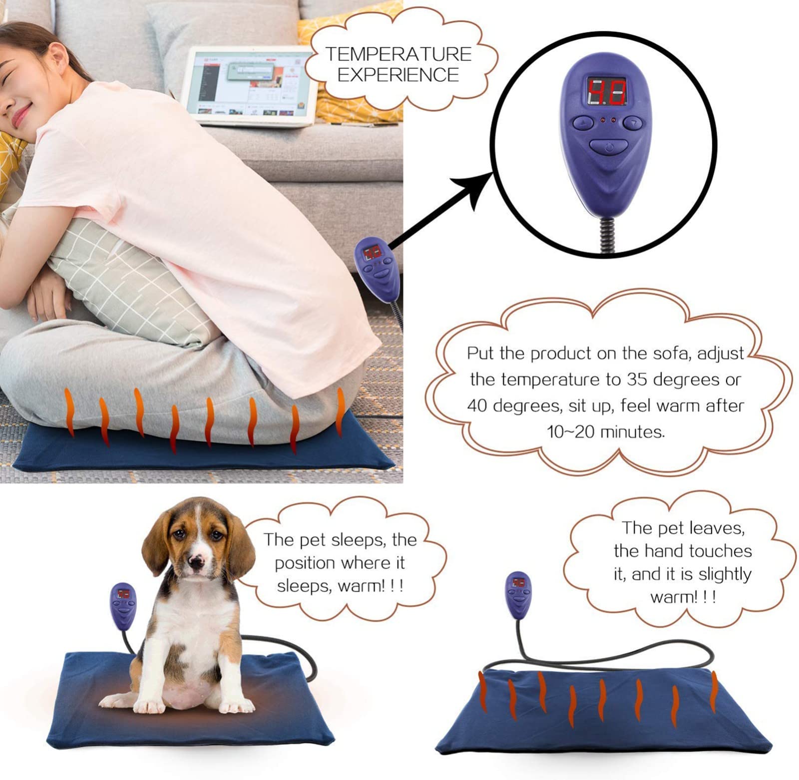 30W Heizmatt Haustier Heizkissen Wasserdichte Wärmematte Wärmer Beheizte Heizpaltte Heizdecke Mit 7 Temperaturstufen Zwischen 77-131℉ Mit Anti-Bite Schnur Für Hunde Und Katzen(50 * 50cm)