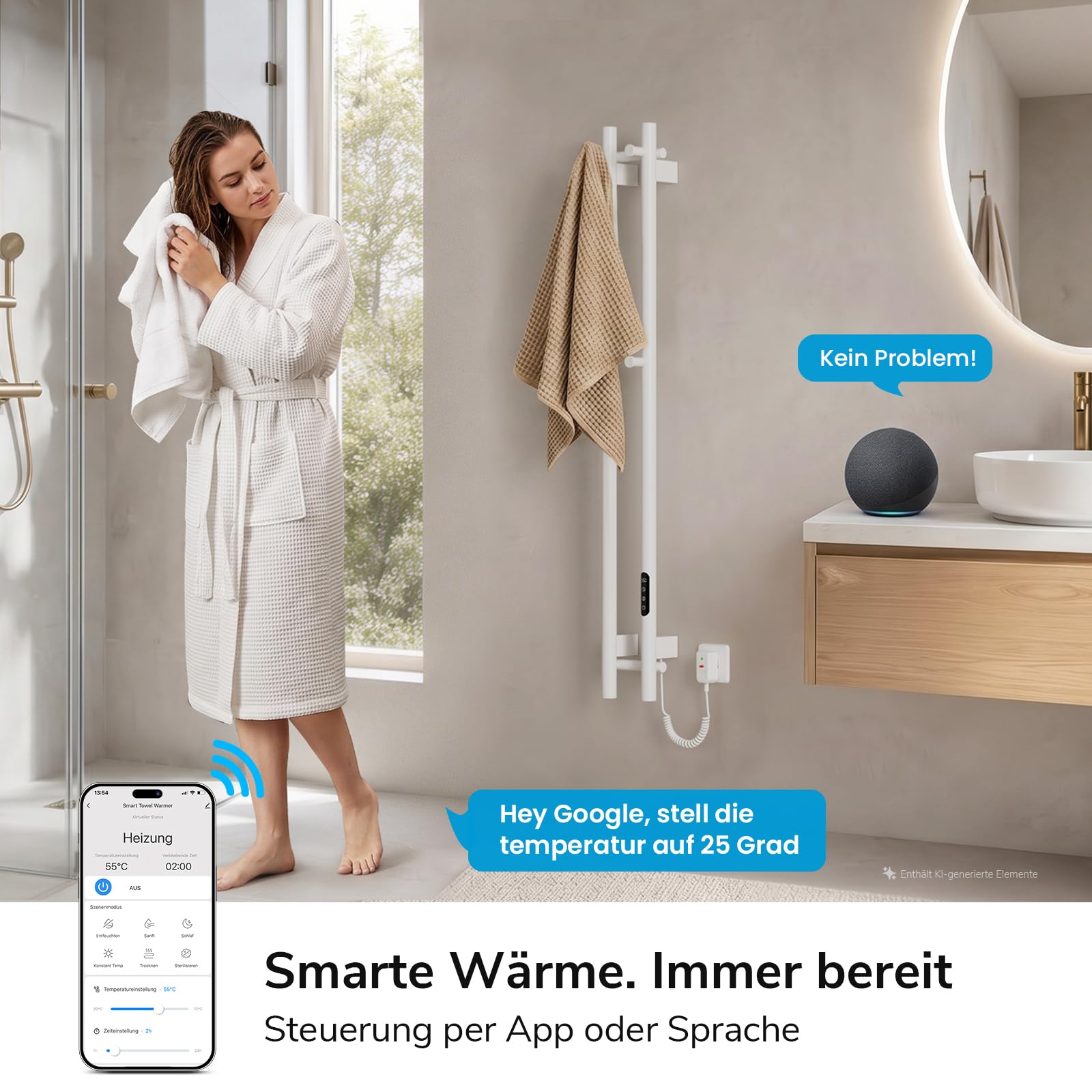 Heilmetz WiFi Handtuchheizkörper Elektrisch Weiß, Vertikal 2-Stangen Badheizkörper mit 4 Haken, Handtuchwärmer mit APP Steuerung, Timer & Temperaturregelung, 1200x124mm, 145W