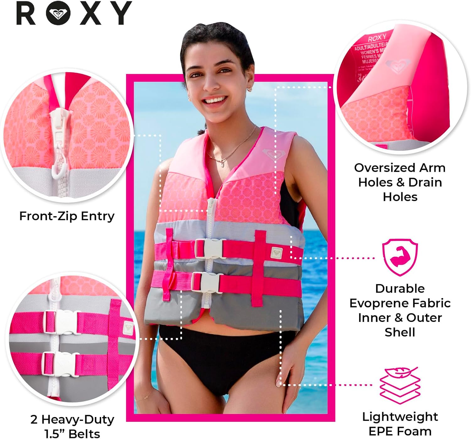 ROXY Women's Life Jacket, USCG Approved Type III PFD, Light-Weight EPE Foam Life Vest for Boating, Waterskiing, Fishing, Kayaking Rafting Watersports