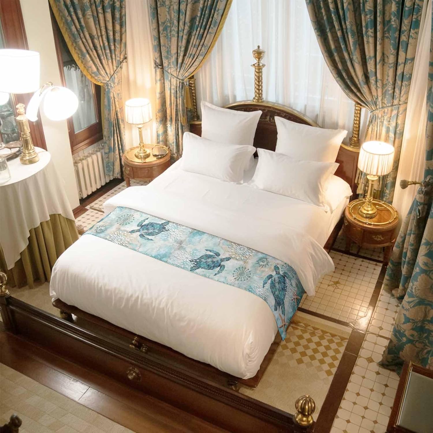 Bed Runner for Queen Size Bed, Coastal Sea Turtle Decorative Bed Runners Scarves for Bedroom, Teal Nautical Beach Starfish Vintage Washable Bedding Scarf Cover Bed Runner for Foot of Bed