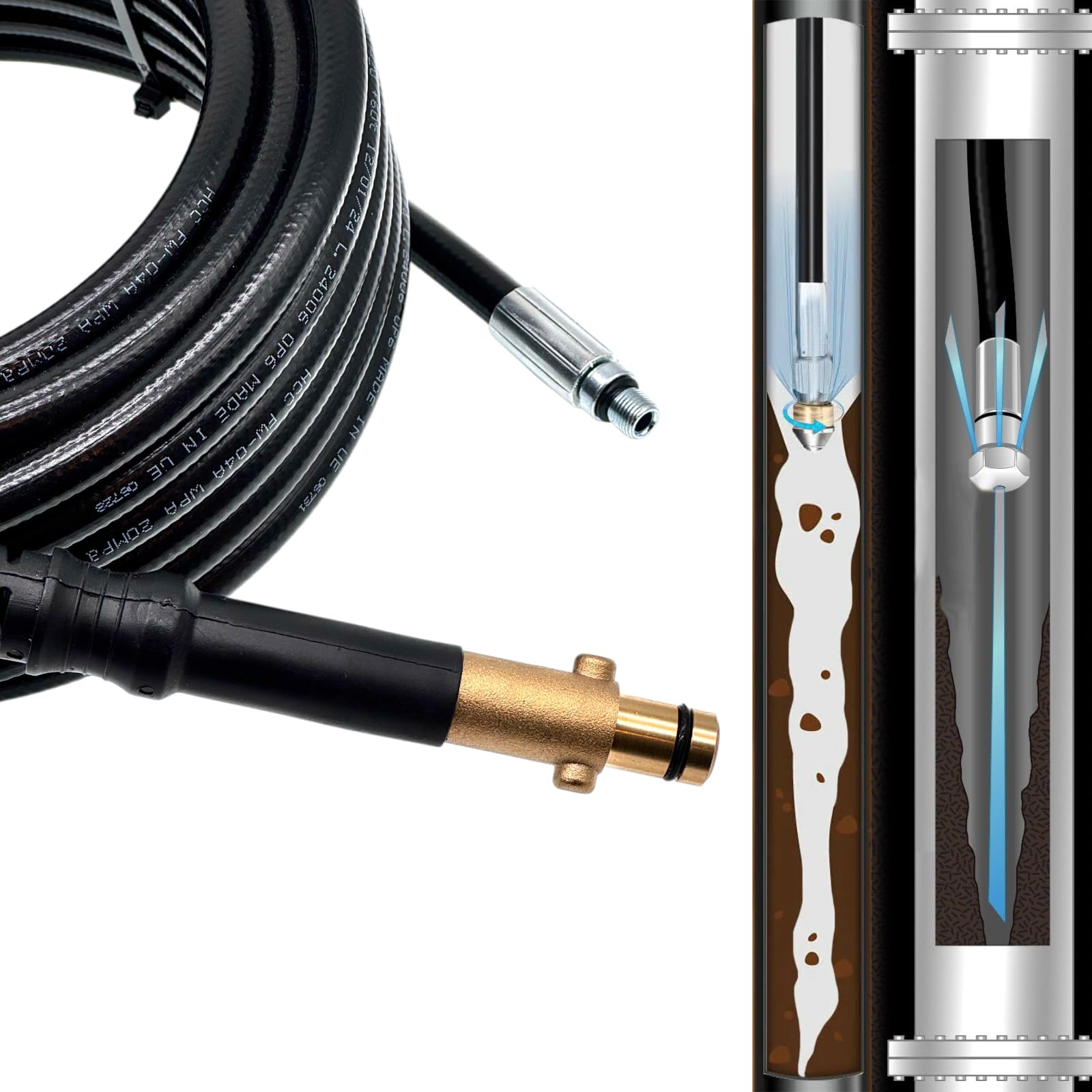 M&M Smartek - Rohrreinigungsschlauch für/kompatibel zu Nilfisk GERNI Hochdruckreiniger Anschluss AG M22 x 1,5 IG für Bajonett Adapter & rotierende + starre Düse (25 Meter)