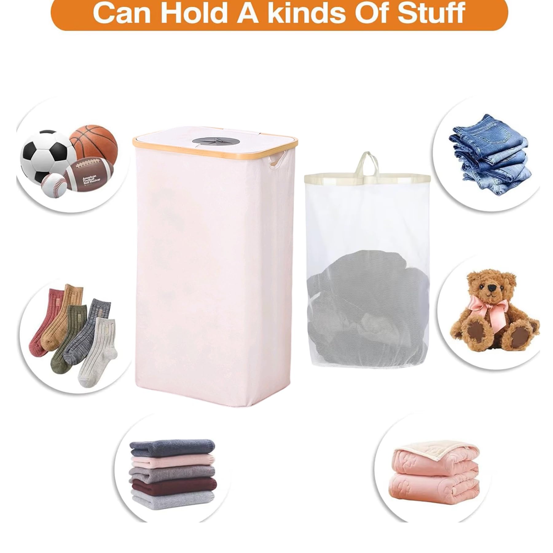 Cesto per vestiti sporchi con coperchio in bambù, 70 cm, in tessuto Oxford, con manico, borsa rimovibile, cestino pieghevole per la biancheria da letto, bagno, dormitorio, armadio, camper (Whie, Slim)