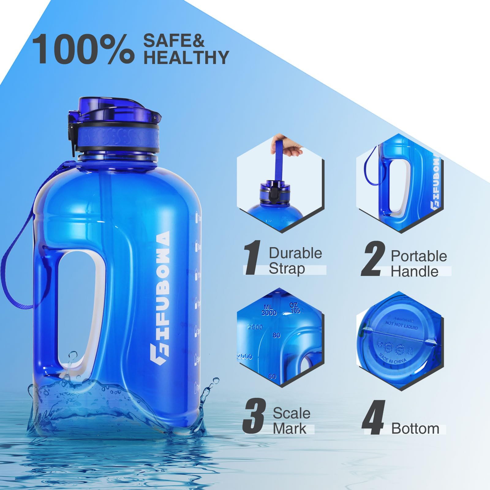 3L Wasserflasche mit Strohhalm, Zeitmarkierung, Griff | 1 x große, auslaufsichere 3-Liter-Trinkflasche für Sport, Fitnessstudio