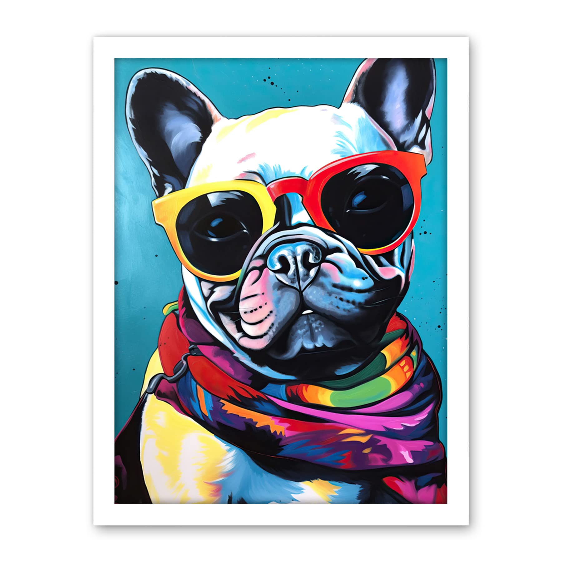 Artery8 French Bulldog in Sunglasses and Bandana Folk Art Artwork Framed Wall Art Print 18X24 Inch