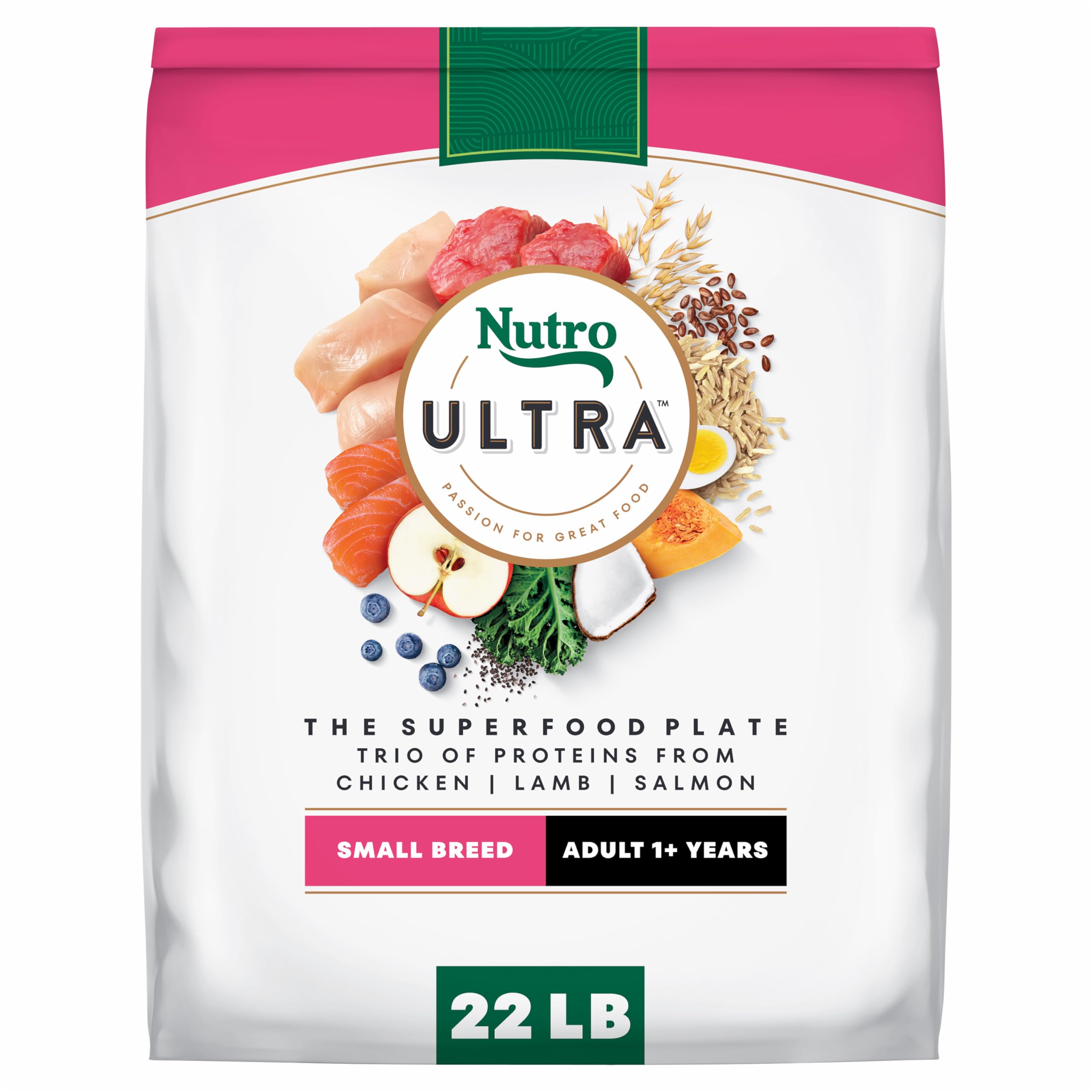 Nutro Ultra Small Breed Adult Dry Dog Food, Chicken, Lamb & Salmon, 22 lb | High-protein trio, Non-GMO, no corn, wheat, soy, 14 superfoods blend, Omega 3 & 6 fatty acids, essential antioxidants