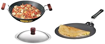 Hawkins Futura Nonstick Aluminium Dosa Tawa, 30Cm, Black & Hawkins - L-23 Futura Hard Anodised Flat Bottom Deep Fry Pan with Steel Lid, 2.5 L, 26Cm (L23)