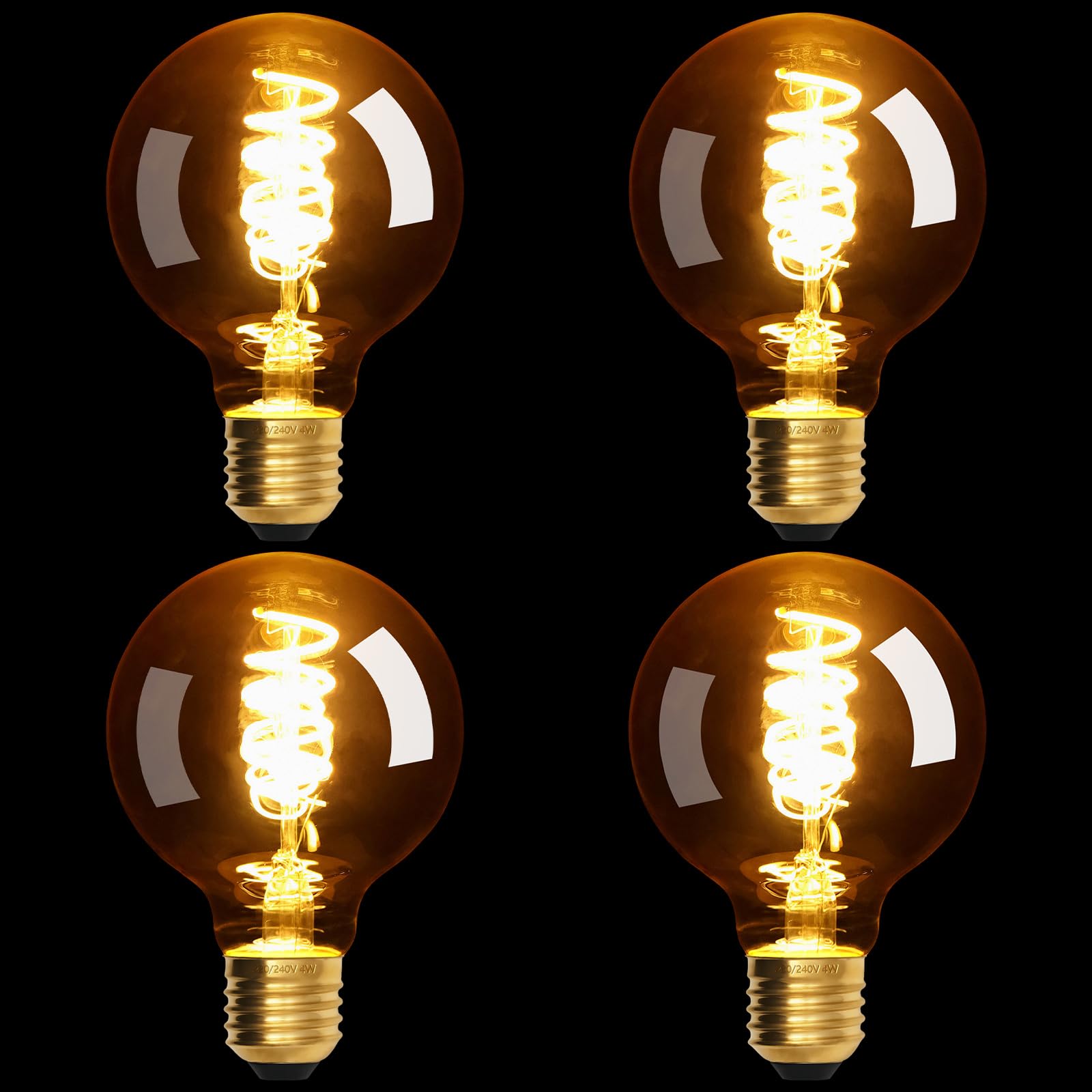 Terafeels 4 Pack E27 Vintage LED Light Bulbs, G80, 4W, Spiral Filament, 2700K Warm White Glow, Amber Glass, Dimmable Edison Screw in Light Bulb