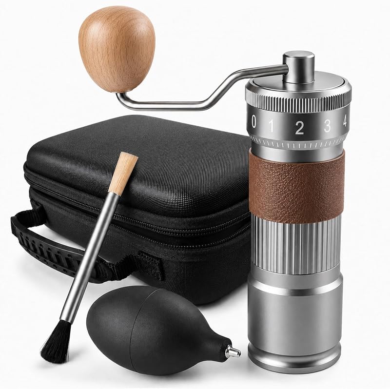 Manual Coffee Grinder, 7-Star CNC Burr, Top Adjustment, Gunmetal | HRC60 SUS420 core, 8mm shaft dual bearings, 152mm lever, 30g capacity, espresso to cold brew, PU leather travel case included