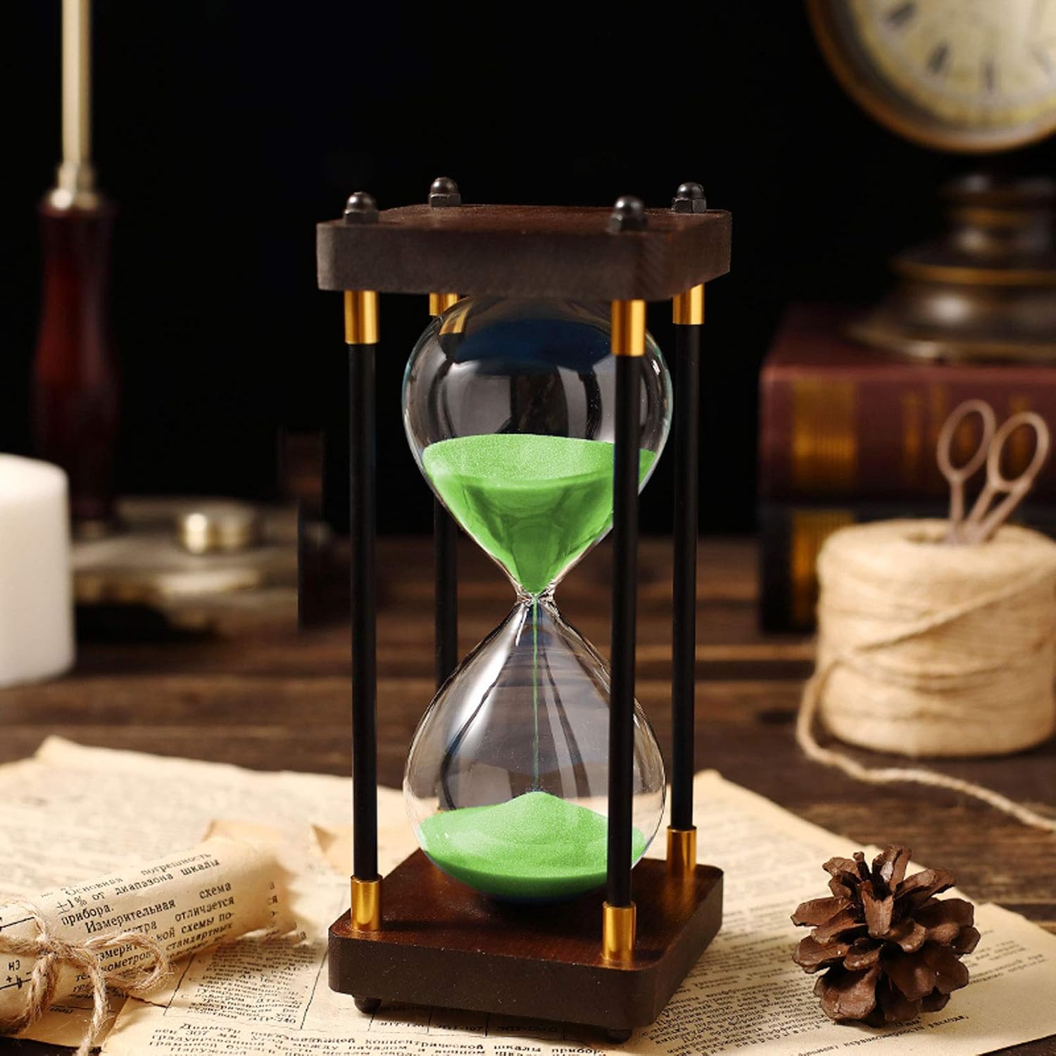 Hourglass timer, 30 Minute Hourglass Sand Timer - Large Wooden Sand Clock with Minimalist Design - Decorative Sandglass for Home & Office - Time Management Tool & Stylish Desk Decor(Black Sand,9.5*24C