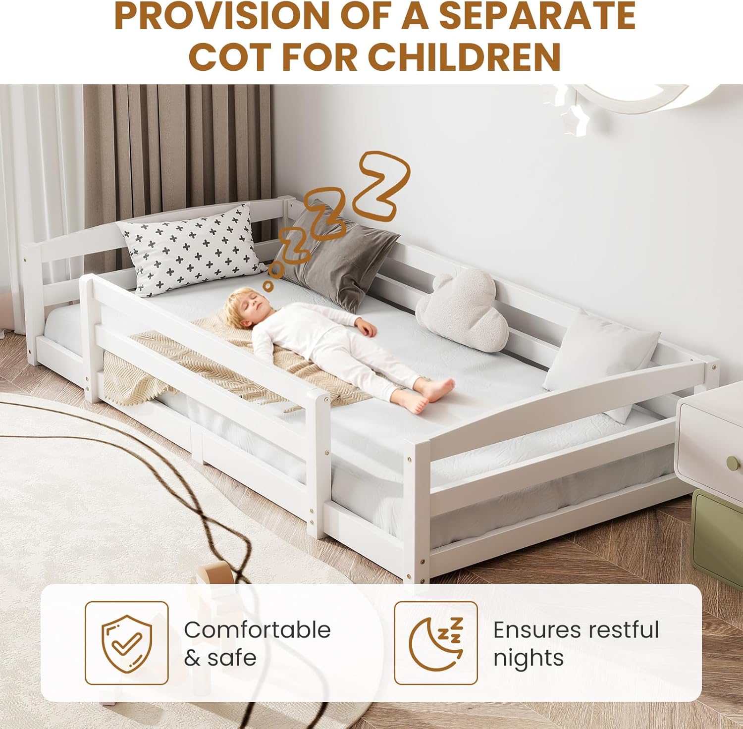 DoCred Montessori Twin Floor Bed Frame with Fence, Low Profile Twin Size Montessori Bed Frame for Kids, Solid Wooden Floor Beds for Bedroom,Nursery,White