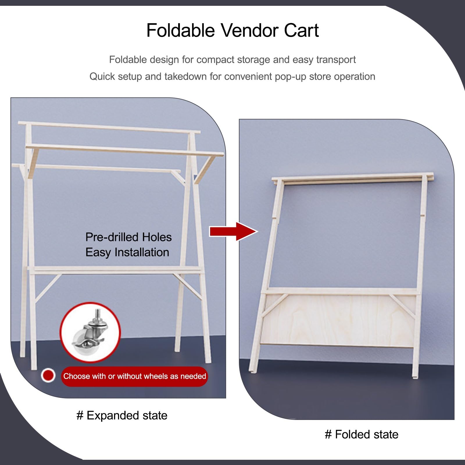Genérico Puesto de Mercado for Vendedores al Aire Libre, Carrito de Comida Ambulante de Madera Plegable, para Tiendas Mercados(Red 1,120cm/47.2in)