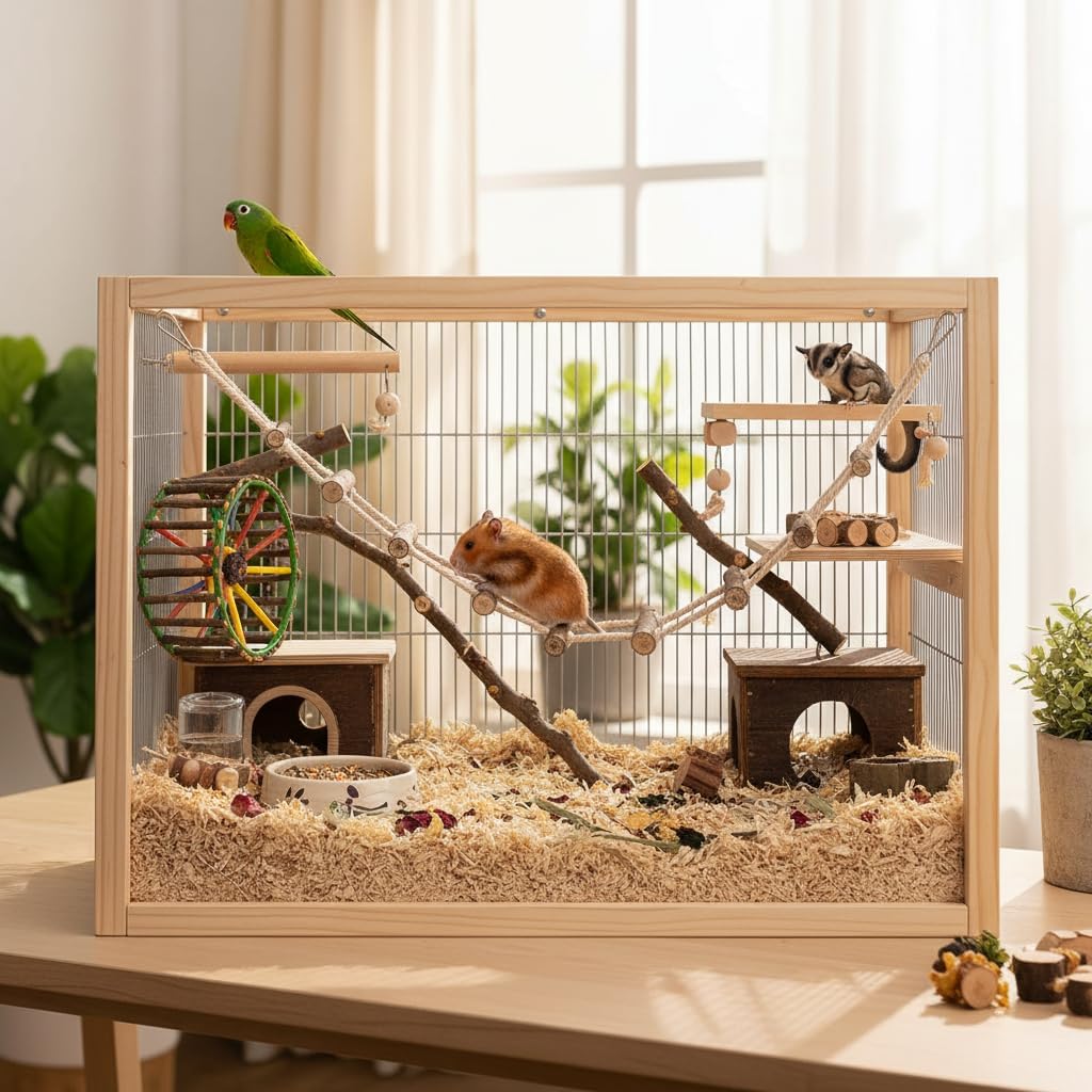 HEEPDD 39.4in Pet Hamster Climbing Ladder Suspension Rope Bridge Toys | Parrot Nature Wood Long Climbing Ladders for Squirrel Hamster Sugar Gliders