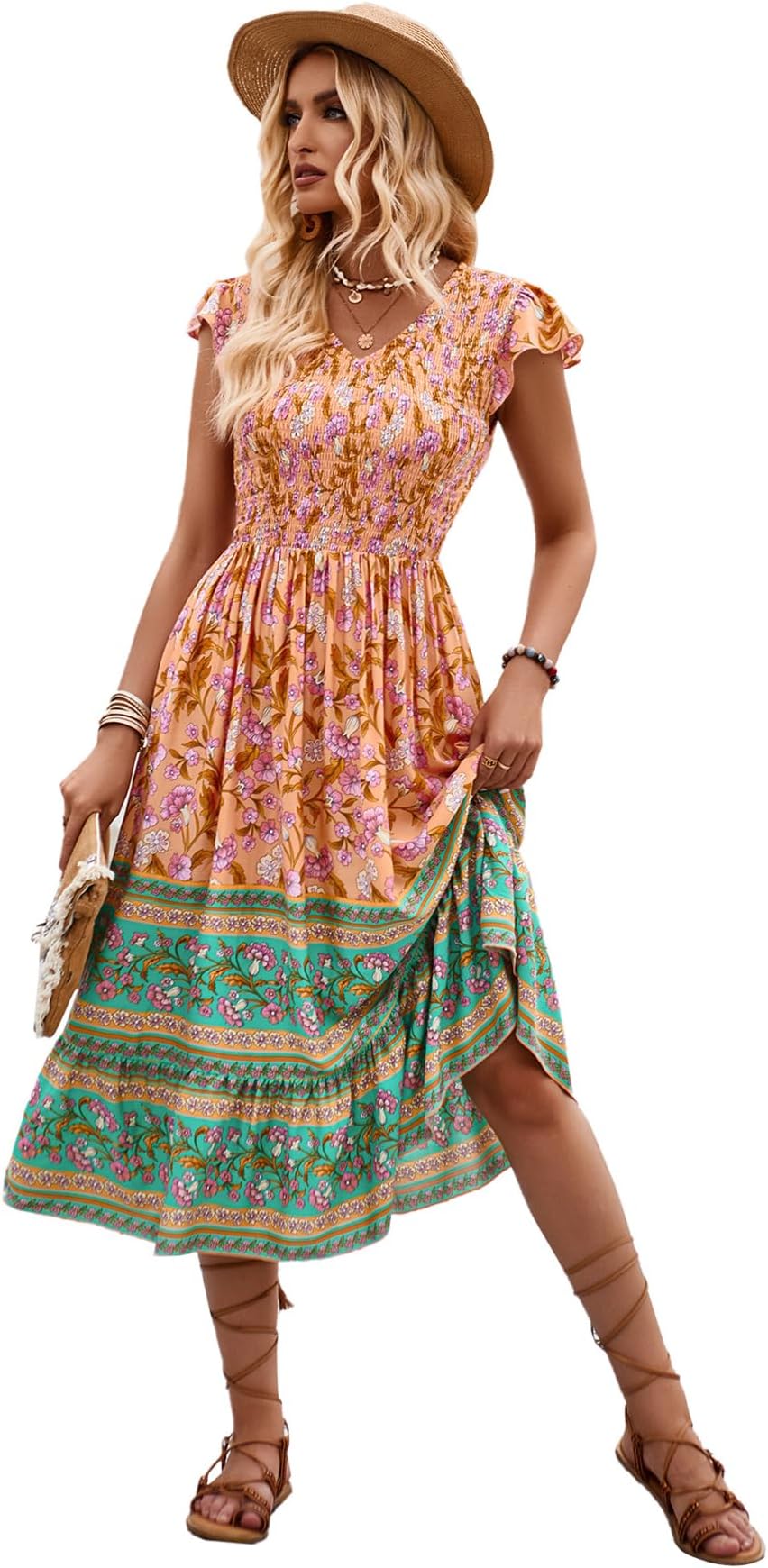 LongwuSummer Dresses for Women UK Ladies Floral Boho Dress Casual V Neck Elastic Waist Beach Midi Dresses Swing Sundress