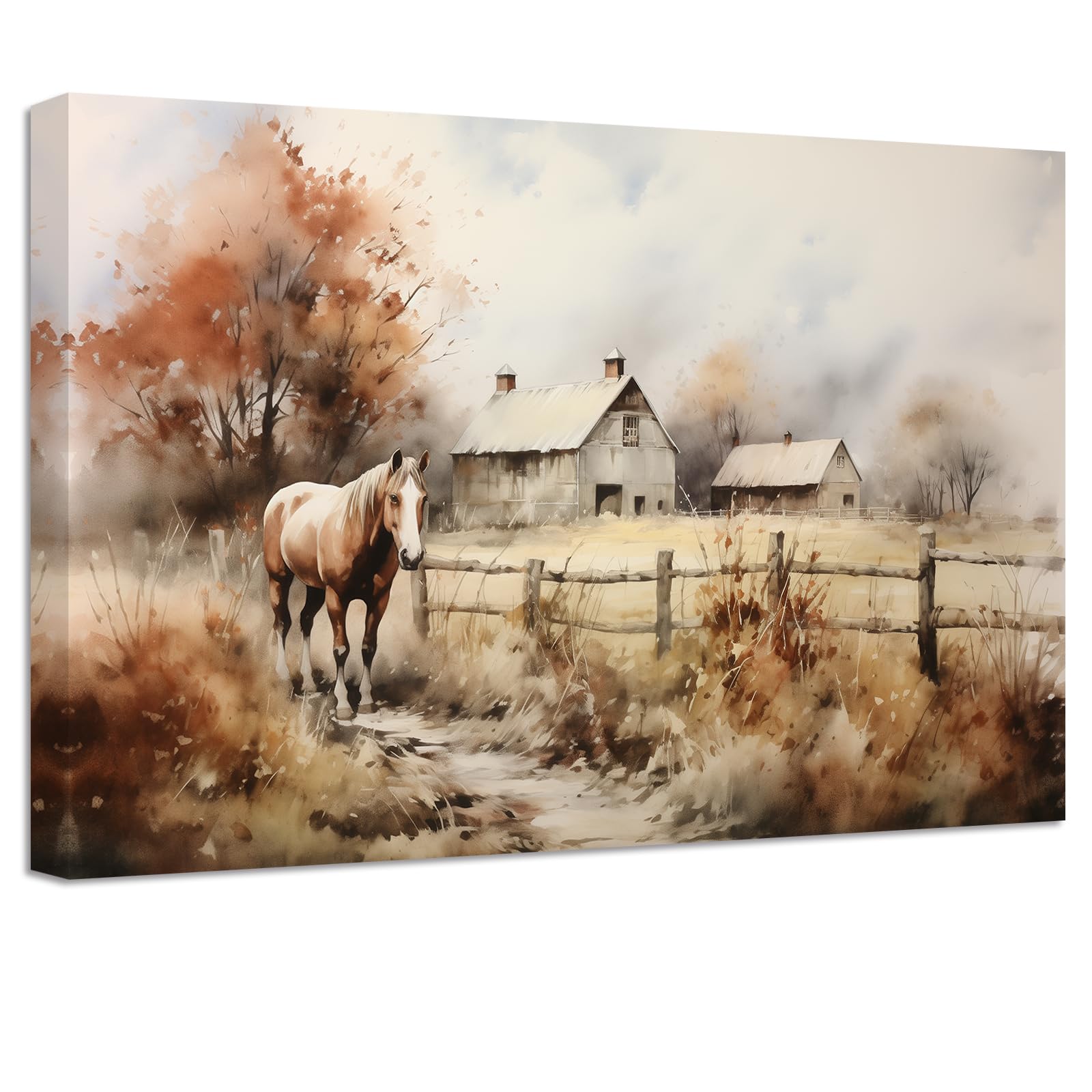 LZIMU Old Barn Picture Farmhouse Canvas Wall Art Farm Horse Painting Prints Vintage Landscape Animal Artwork Rustic Country Decor(Picture-3, (16.00" x