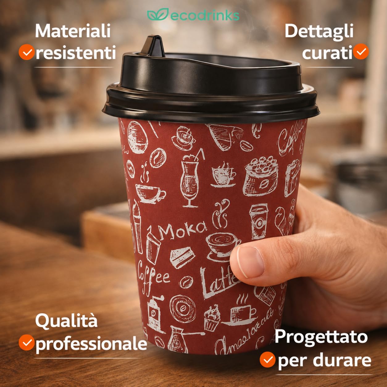 200 Bicchieri di Carta con Coperchio da 240ml - Ideali per Cappuccino, Tè, Caffè - Biodegradabile e Resistenti - Per Bar, Ufficio e Asporto - Design Elegante