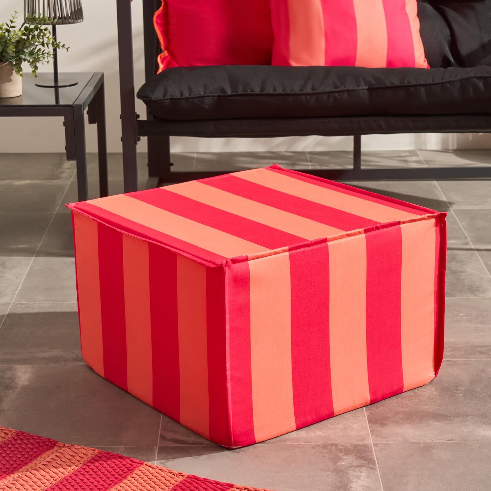 OHS Stripe Garden Pouffe Outdoor Indoor Foot Stool, Garden Furniture Portable Filled Cube Chair Pouffe Footstool Outdoor Ottoman Foot Rest for Patio Balcony Home Decor, Pink/Orange