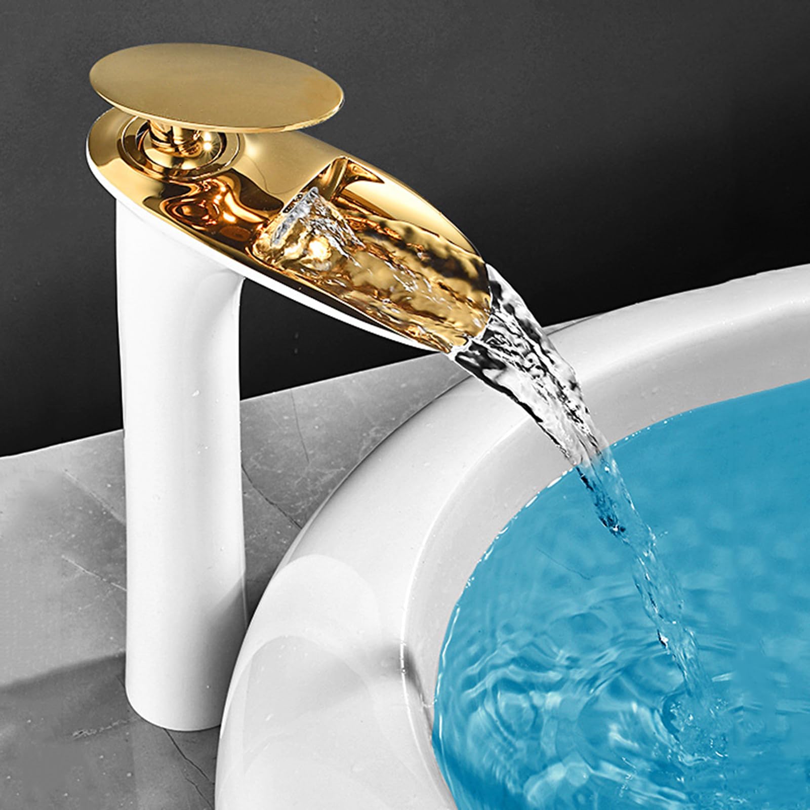 Robinet de cascade pour vasque à poser noir et or au design moderne et luxueux LWX