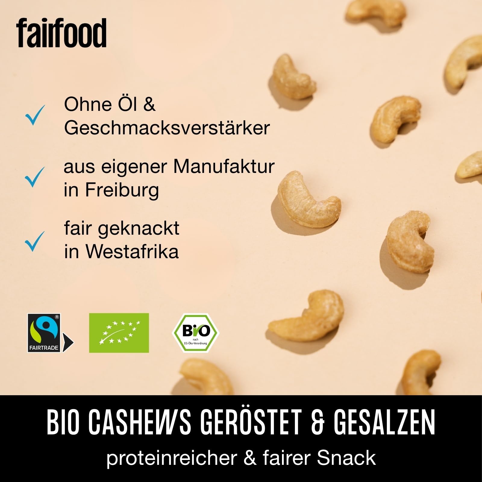 fairfood Bio Cashews geröstet & gesalzen 500g - Fairtrade & Vegan - Ohne Öl geröstet in eigener Manufaktur