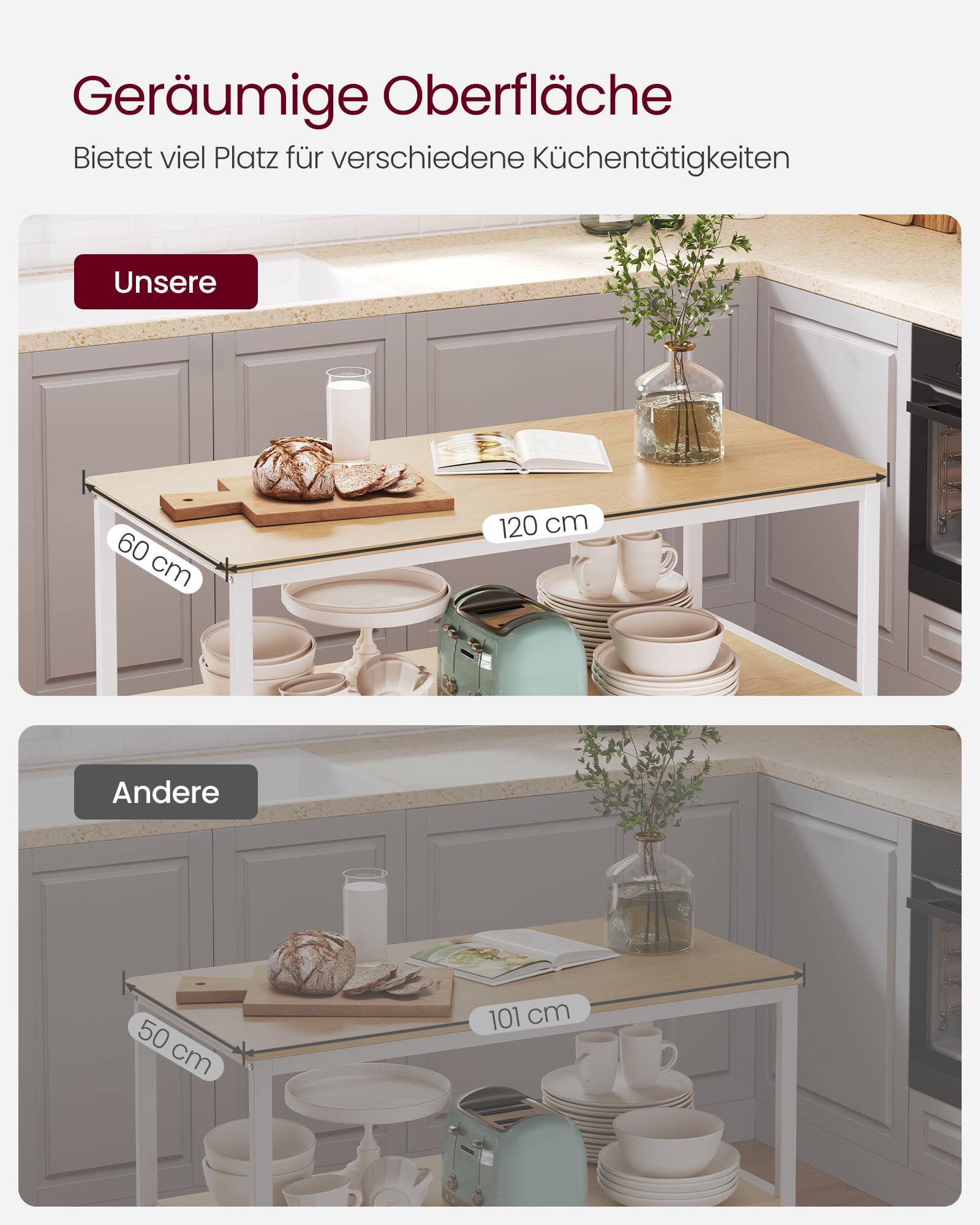 VASAGLE Küchenregal mit großer Arbeitsplatte, 3-stufiges Mikrowellenregal, Stahlrahmen, 60 x 120 x 90 cm, modern, leichte Montage, eichenfarben-weiß KKI001W09