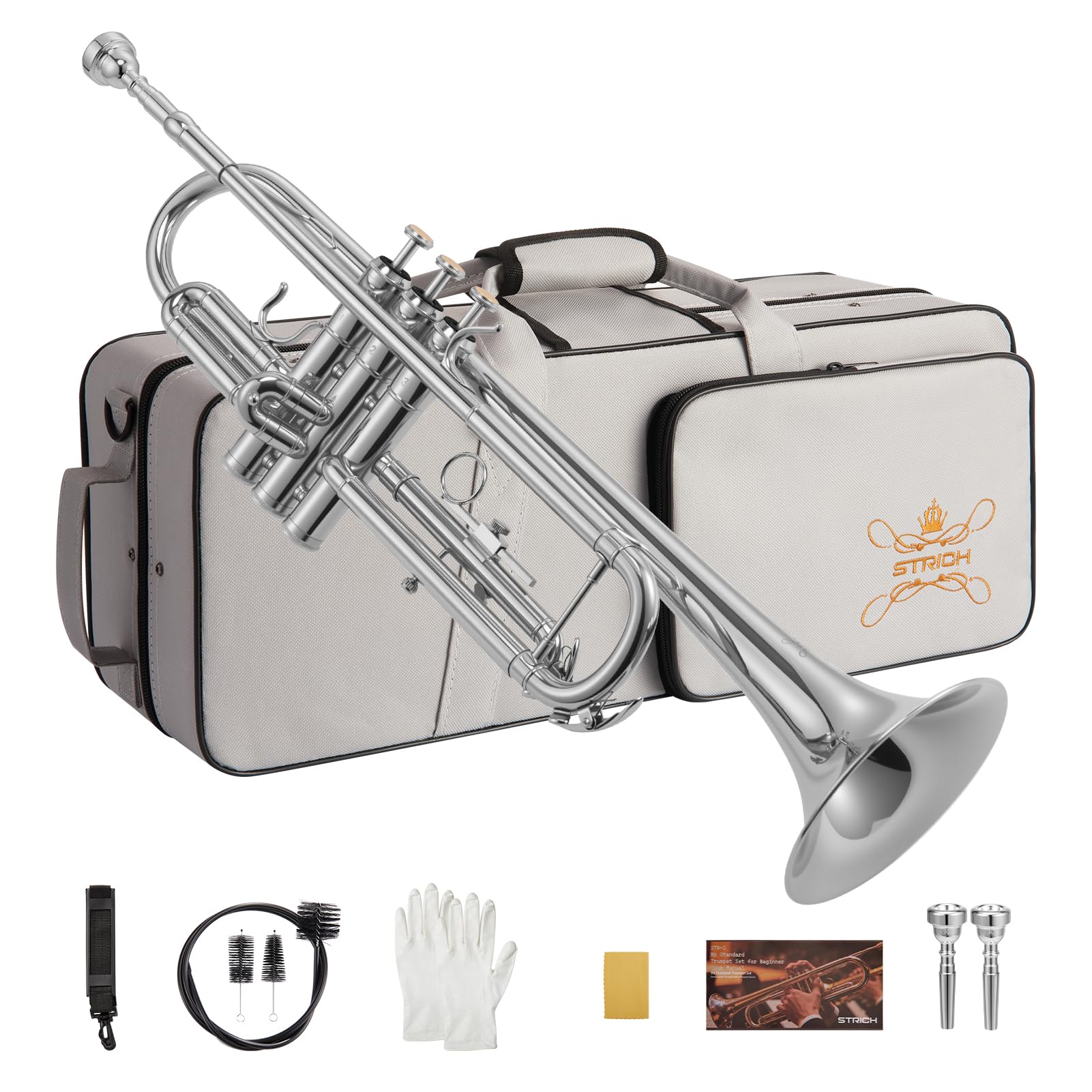 STRICH Bb Standard-Trompeten-Set für Anfänger, Blechblasinstrument für Schüler mit Hartschalenkoffer, Reinigungsset, Mundstücken 7C und 3C, Handschuhen – STR-1S, Silber