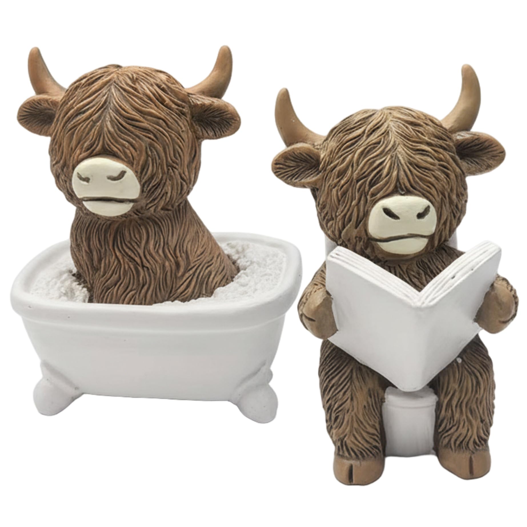 Temeemeg 2PCS Highland Cow Ornaments Cute Soaking Bath ＆ Reading in Toilet Highland Cow Figurine Resin Bathroom Ornaments for Home Table Decor
