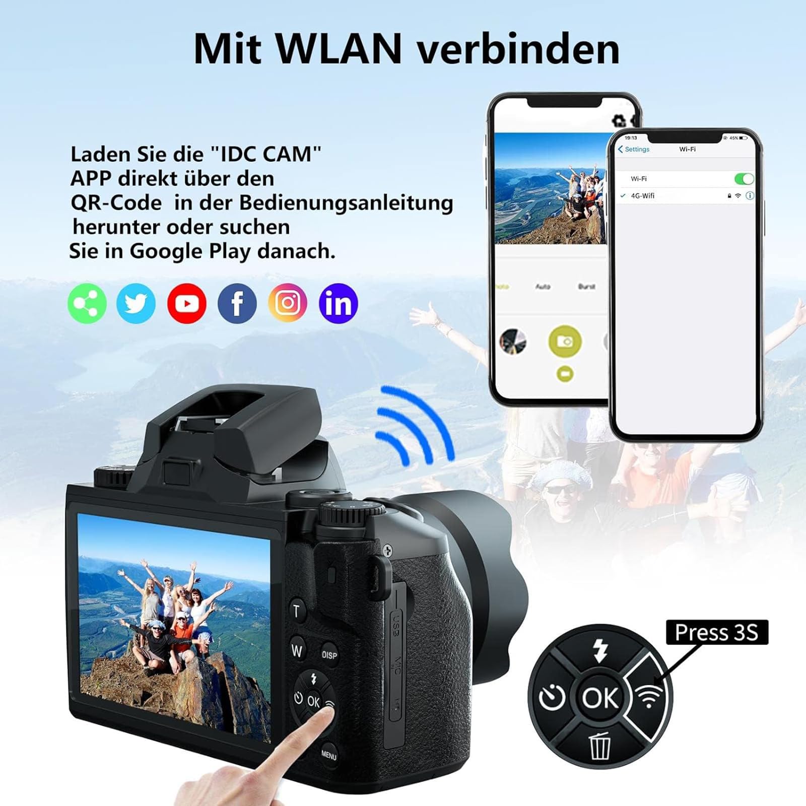 Digitalkamera 4K 64MP Fotokamera mit 4.0" Touchscreen, 16X Digitalzoom Kompaktkamera Mit für Anfänger mit WiFi, mit Kameratasche, 32GB TF-Karte