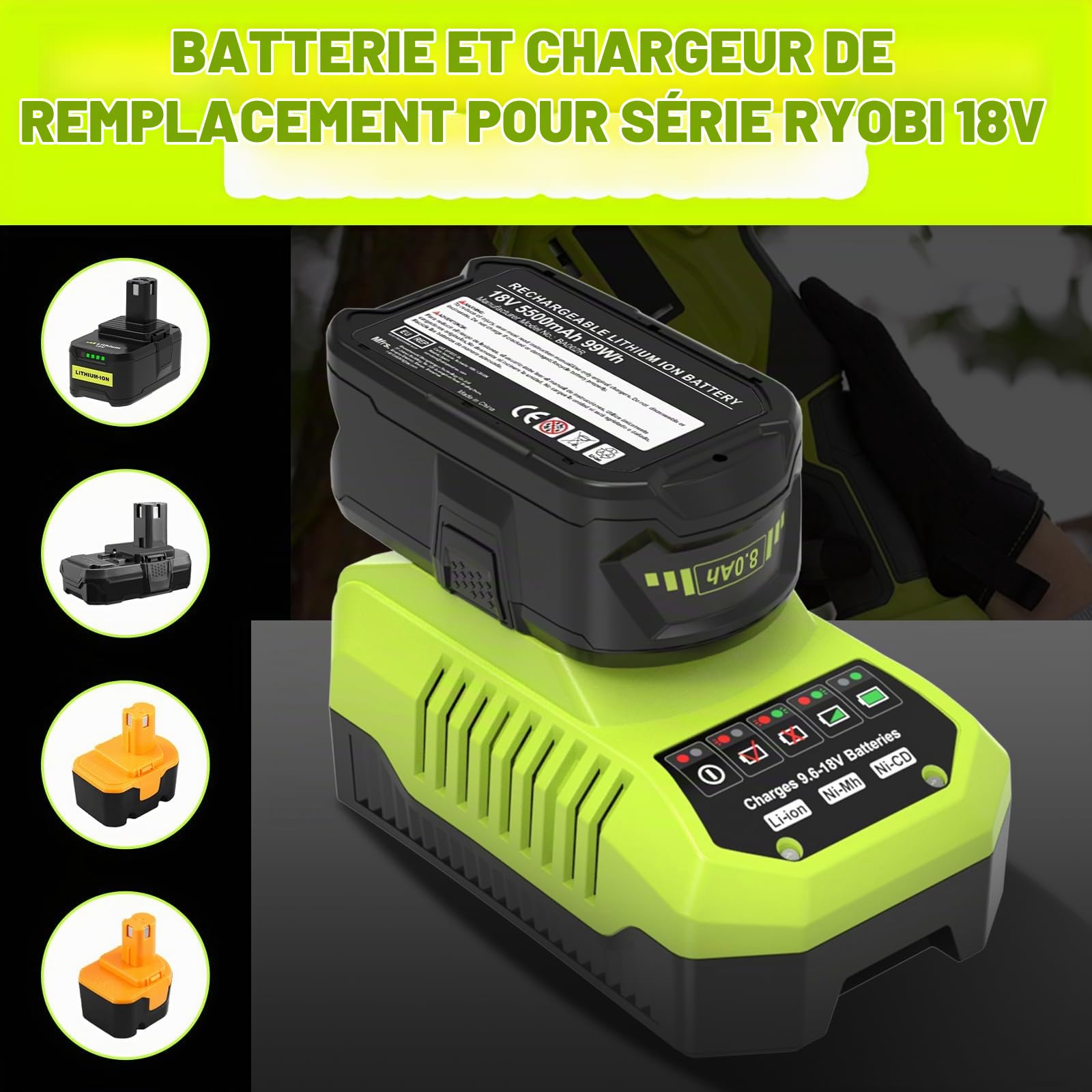 4 X 8A Batterie Compatible pour Ryobi Batterie 18V RB1840X, RB18LL50