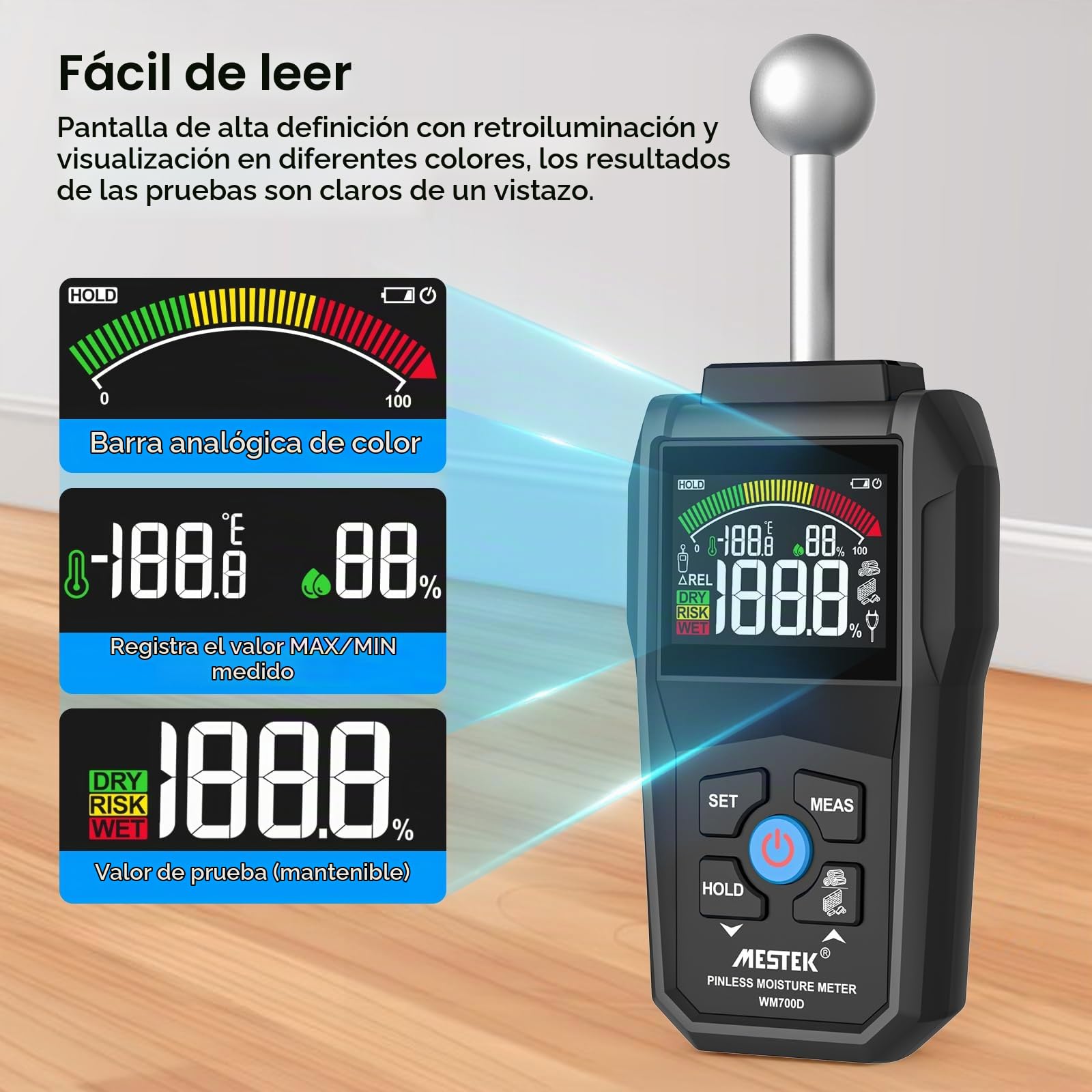 Medidor de Humedad, MESTEK Humidímetros,2 en 1 Medidor Humedad Pared con LCD en Color y Alarma Audible, Detecta 20-40 mm de Pared, Madera, Ladrillo, Hormigón y Otros Materiales de Construcción